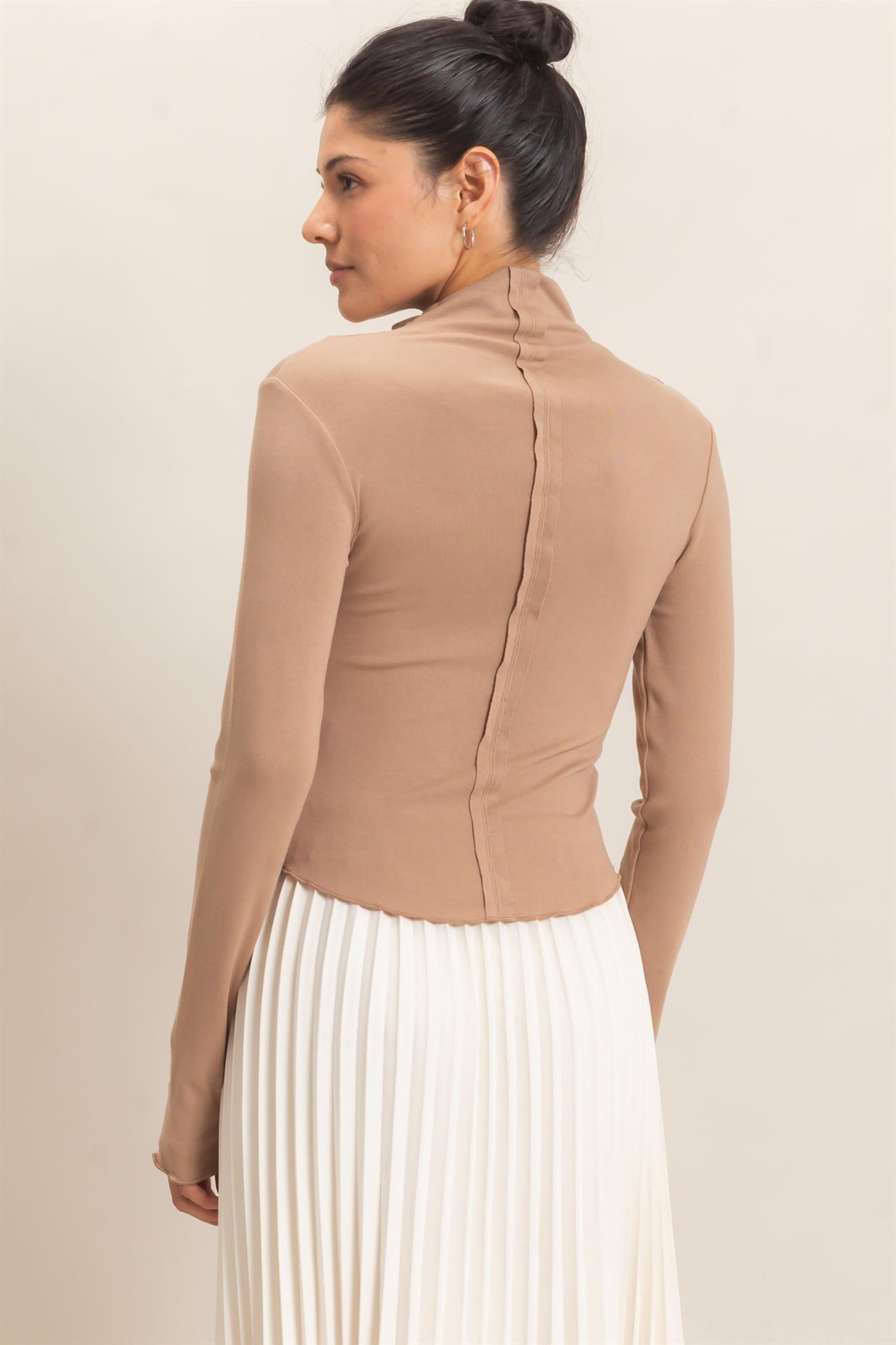 Wholesale Long Sleeve Lettuce Hem Top Clothing Tops HF26F122 LIGHT BROWN HYFVE