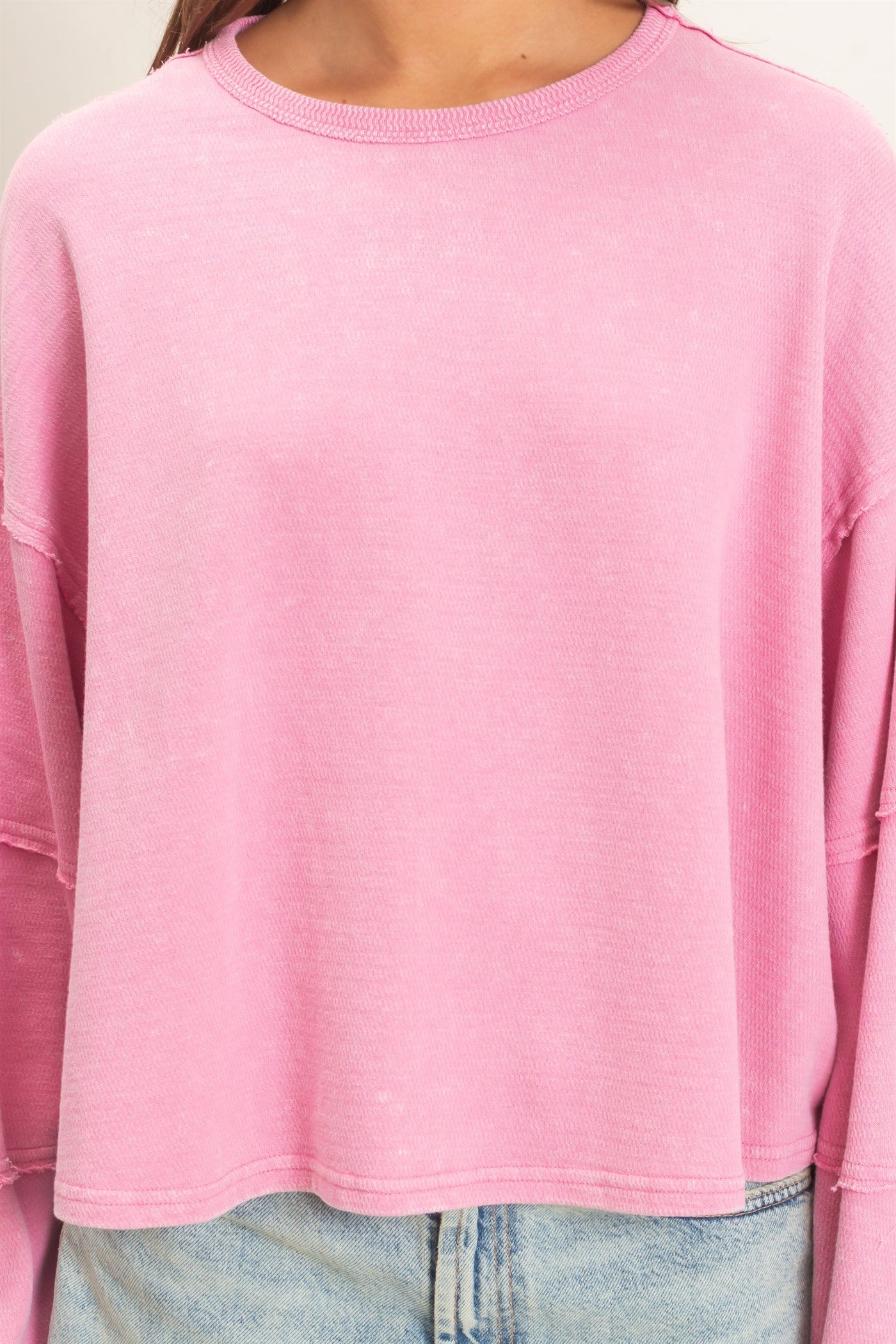 Wholesale Mineral Wash Overzised Raw Edge Crew Neck Top Clothing Tops DZ26E449 PINK DOUBLE ZERO