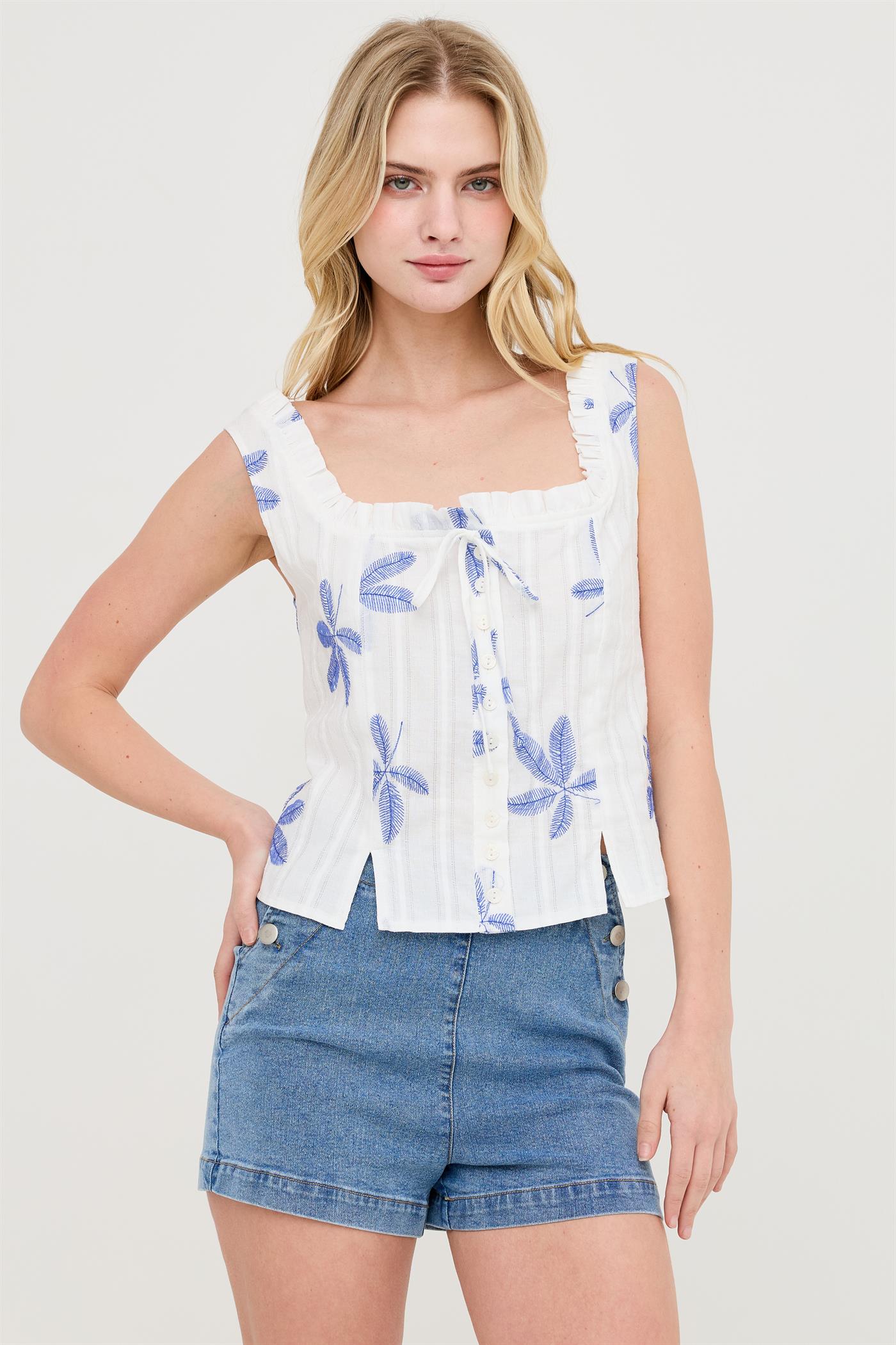 Wholesale Sleeveless Square Neck Ruffle Top Clothing Tops HF26A484 BLUE HYFVE