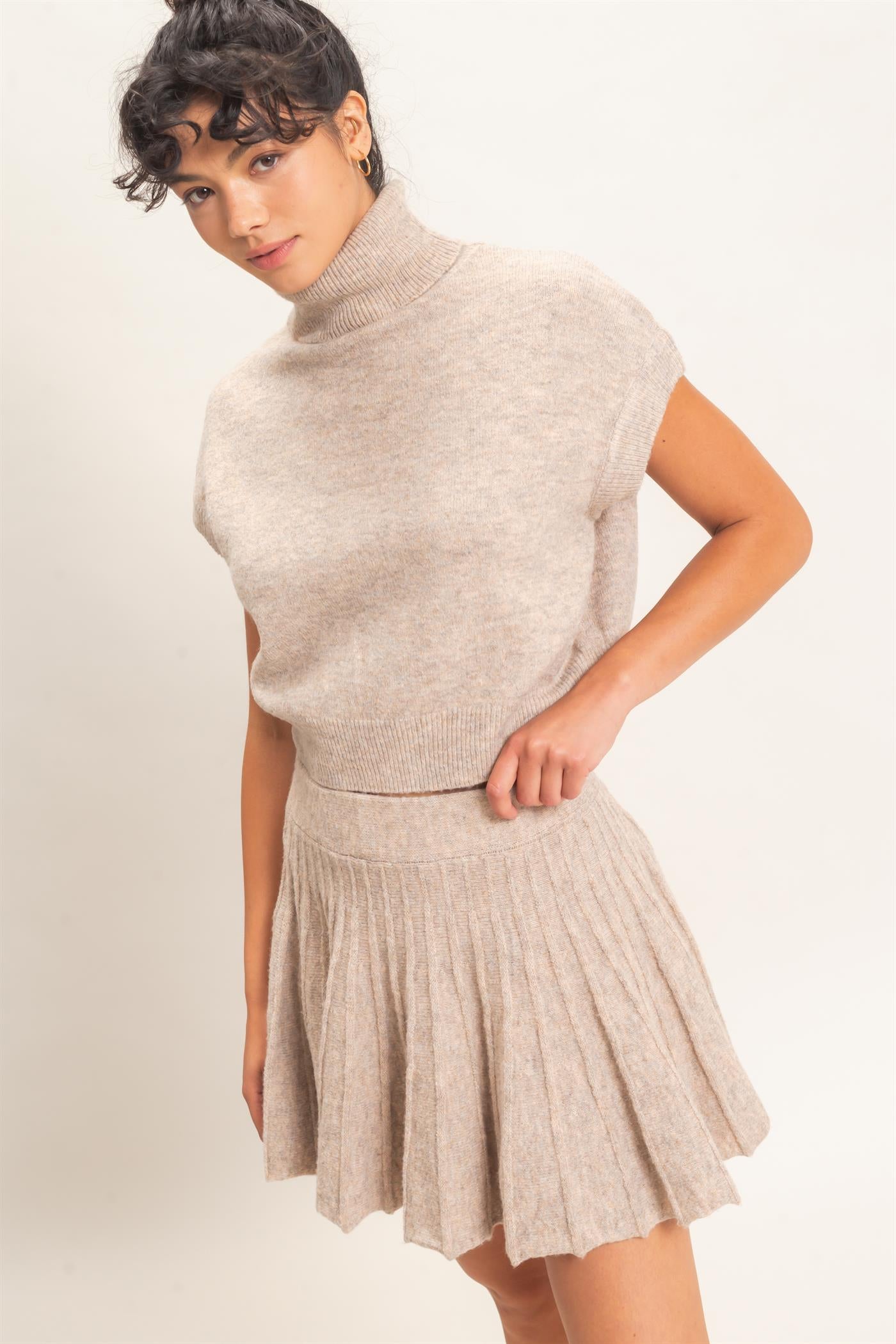 Wholesale Turtleneck Crop Top And Pleated Skirt Set Clothing DZ26C981-SET DARK TAUPE DOUBLE ZERO