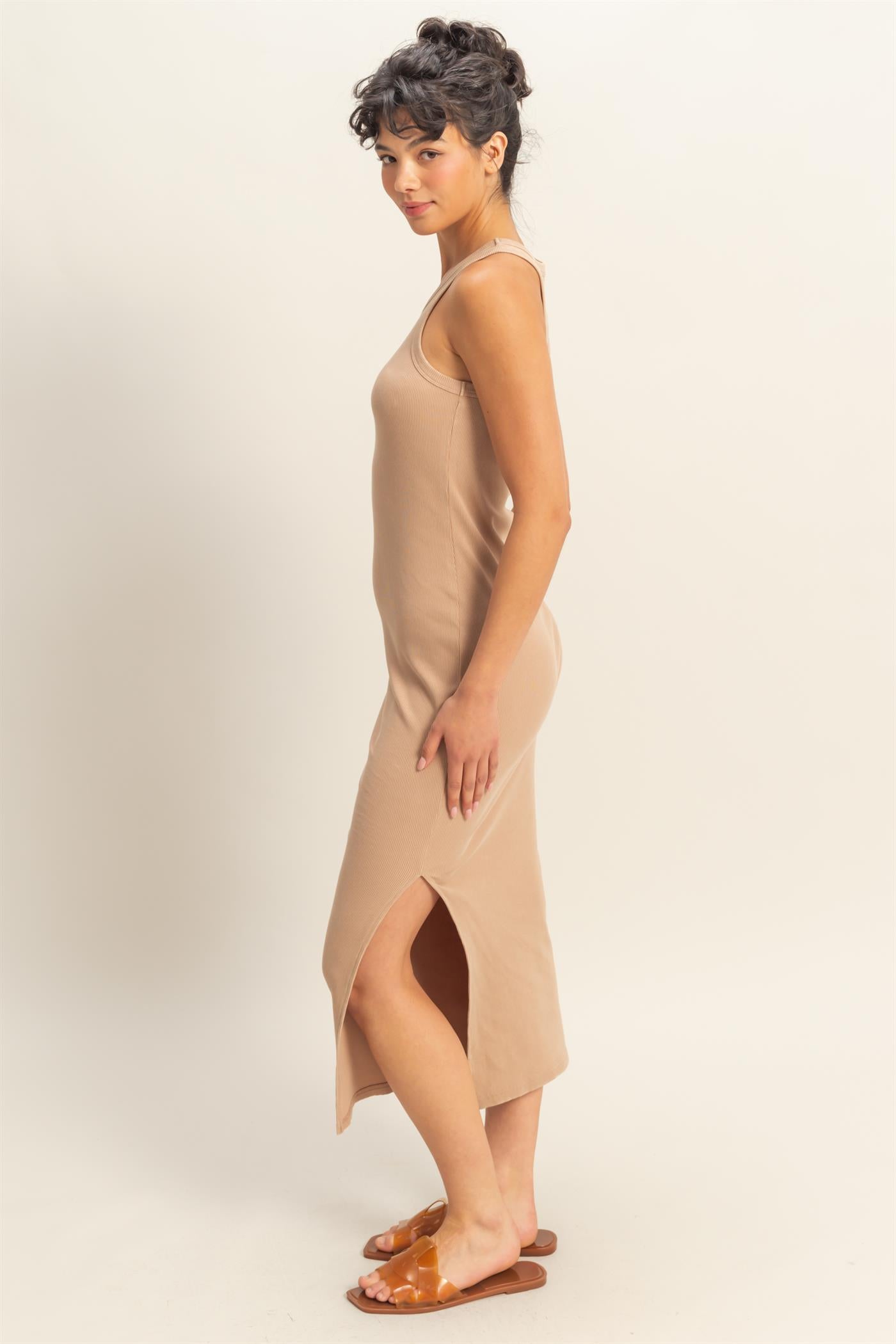 Wholesale Acid Washed Ribbed Midi Tank Dress Dresses DZ25E298 DARK TAUPE DOUBLE ZERO