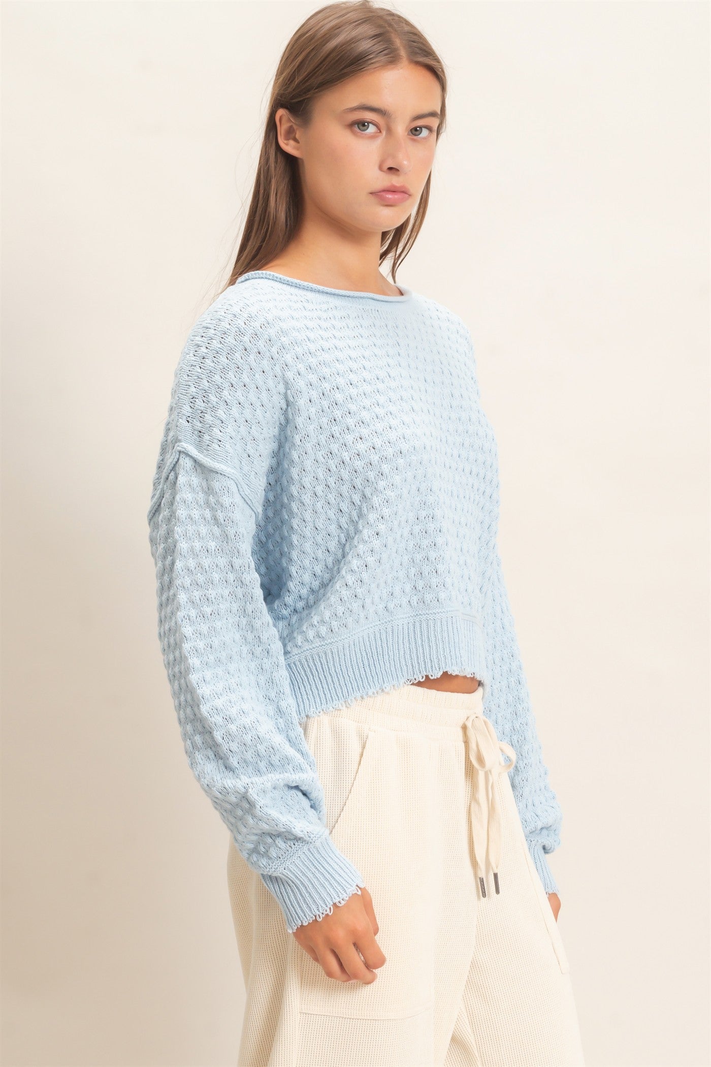 Wholesale Textured Boat Neck Sweater Sweaters DZ26E880 ICE BLUE DOUBLE ZERO
