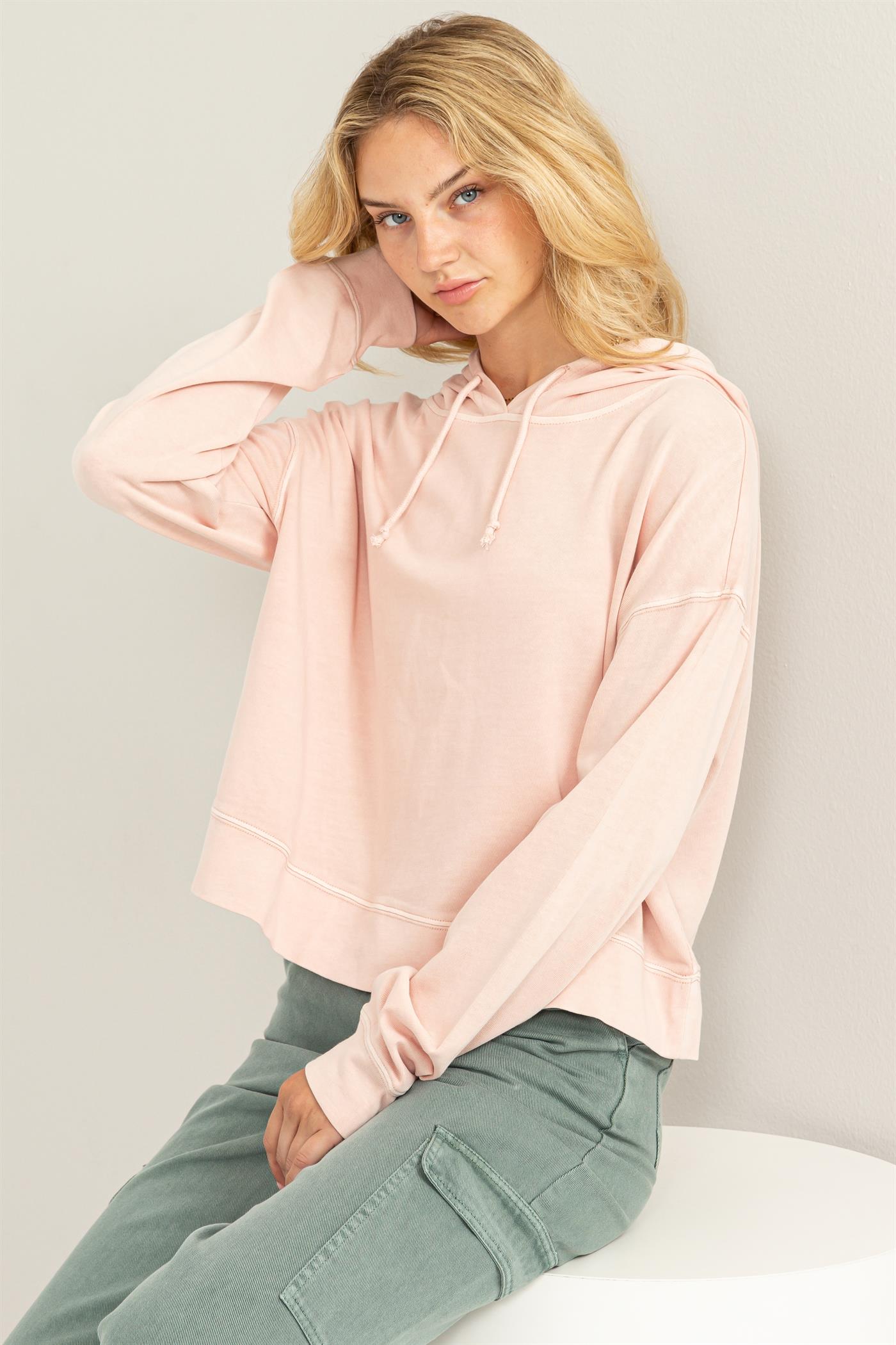 Wholesale Long Sleeve Drawstring Hoodie Clothing Tops DZ23E999 DUSTY PINK DOUBLE ZERO