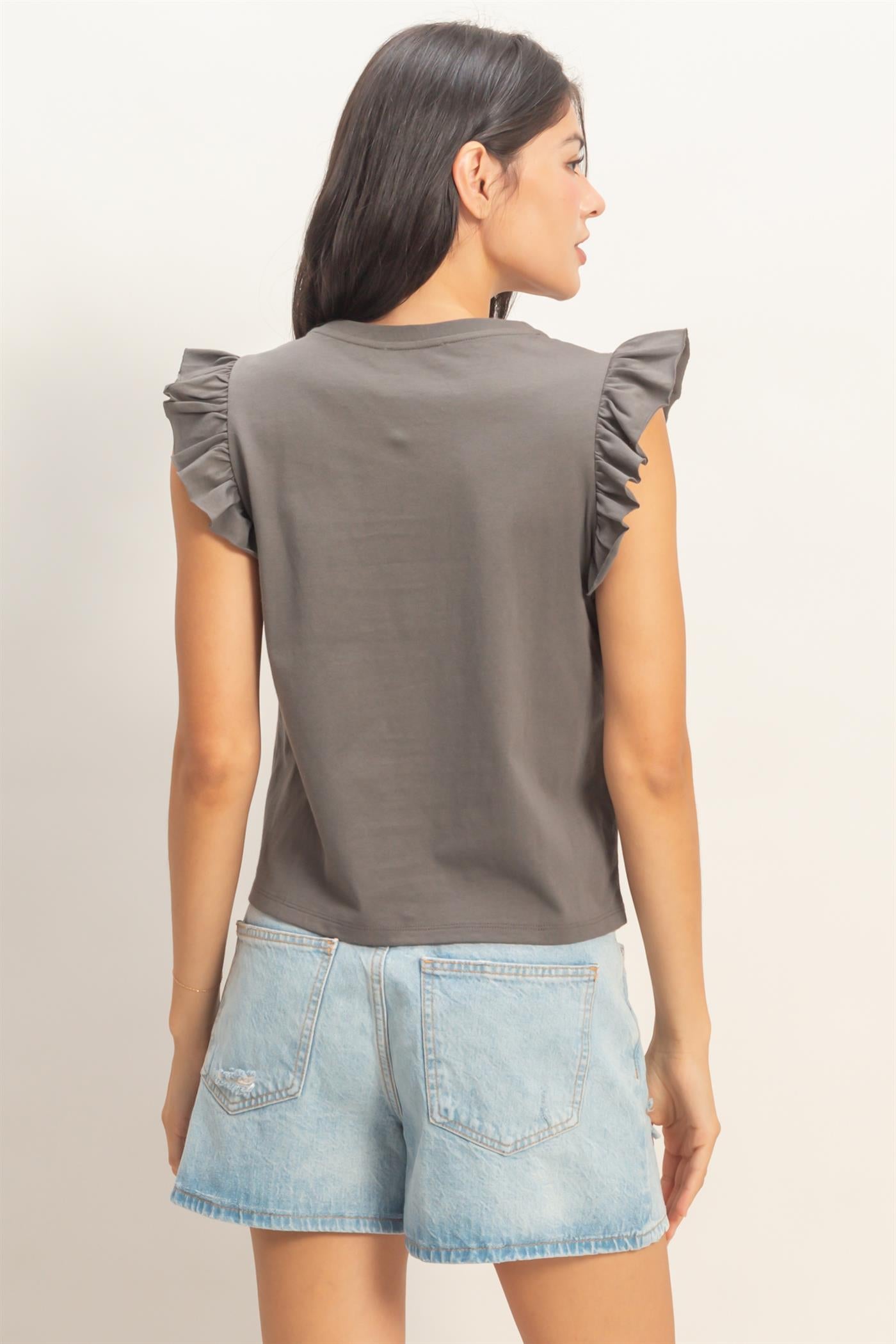 Wholesale Ruffle Cap Sleeve Crew Neck Top Clothing Tops DZ26C070 CHARCOAL DOUBLE ZERO