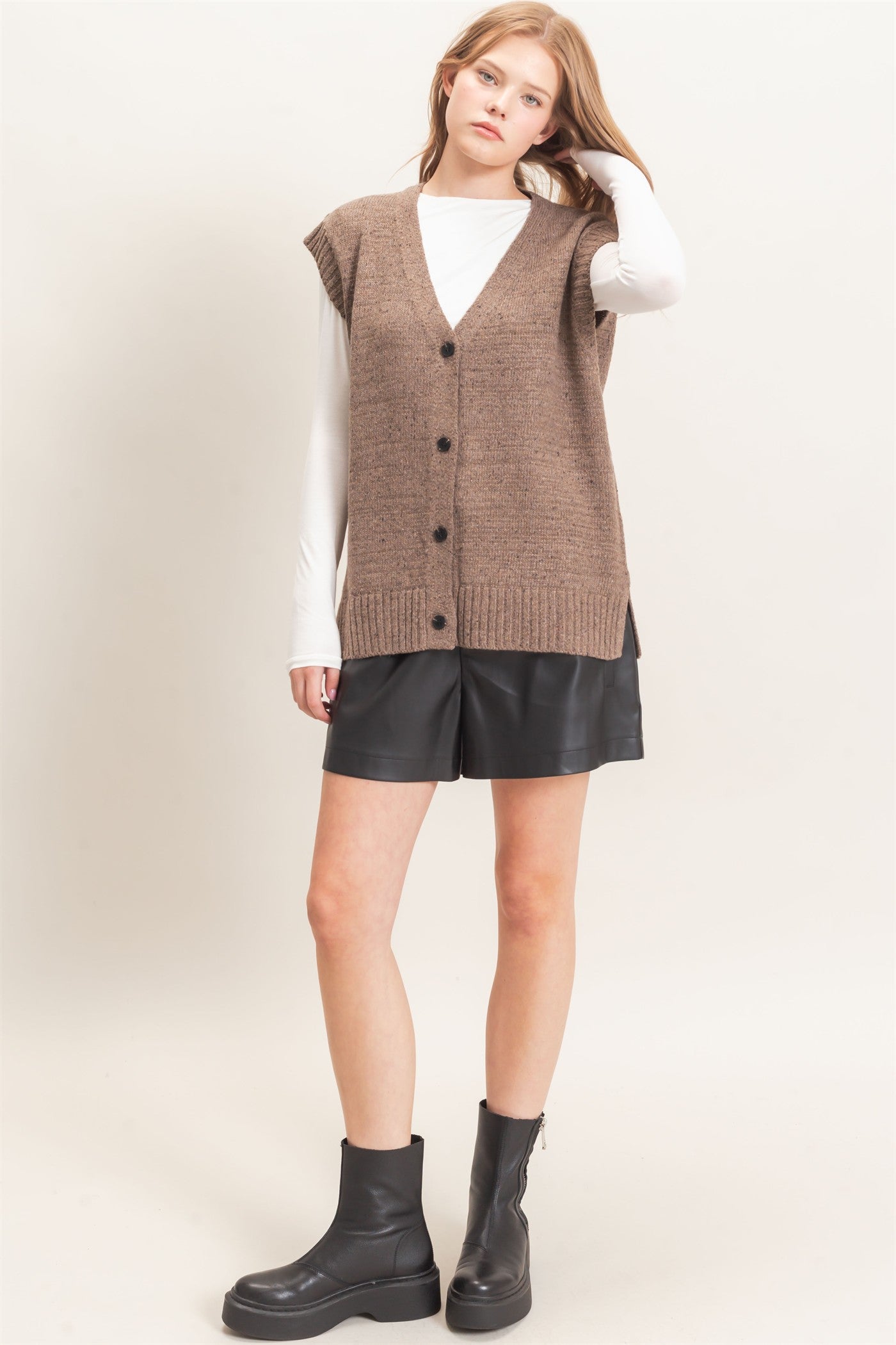 Wholesale V-Neck Knit Vest Sweaters HF26E484 MOCHA HYFVE