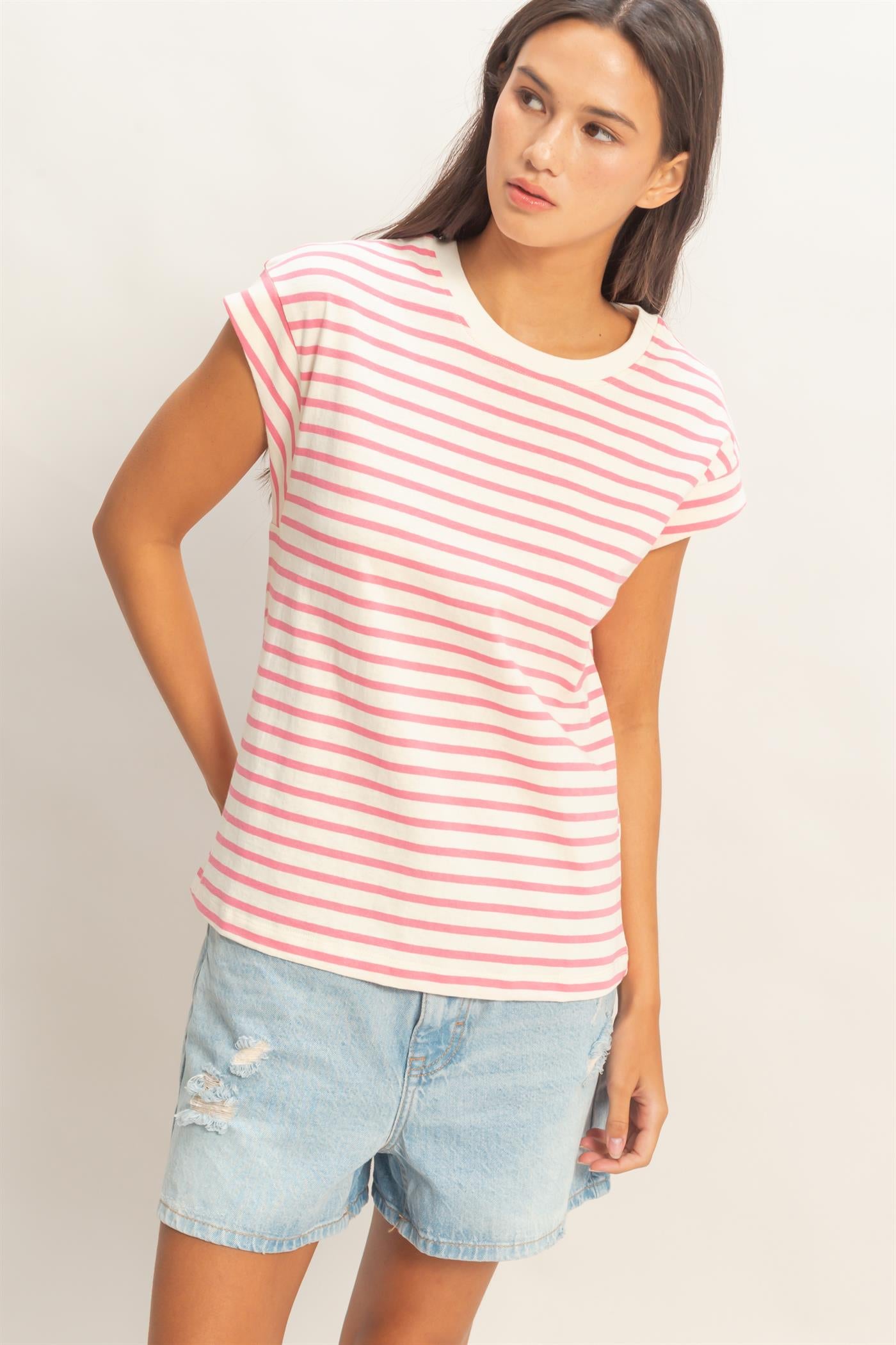 Wholesale Striped Cap Sleeve Relaxed Everyday Tee Clothing Tops DZ26C059 PINK DOUBLE ZERO