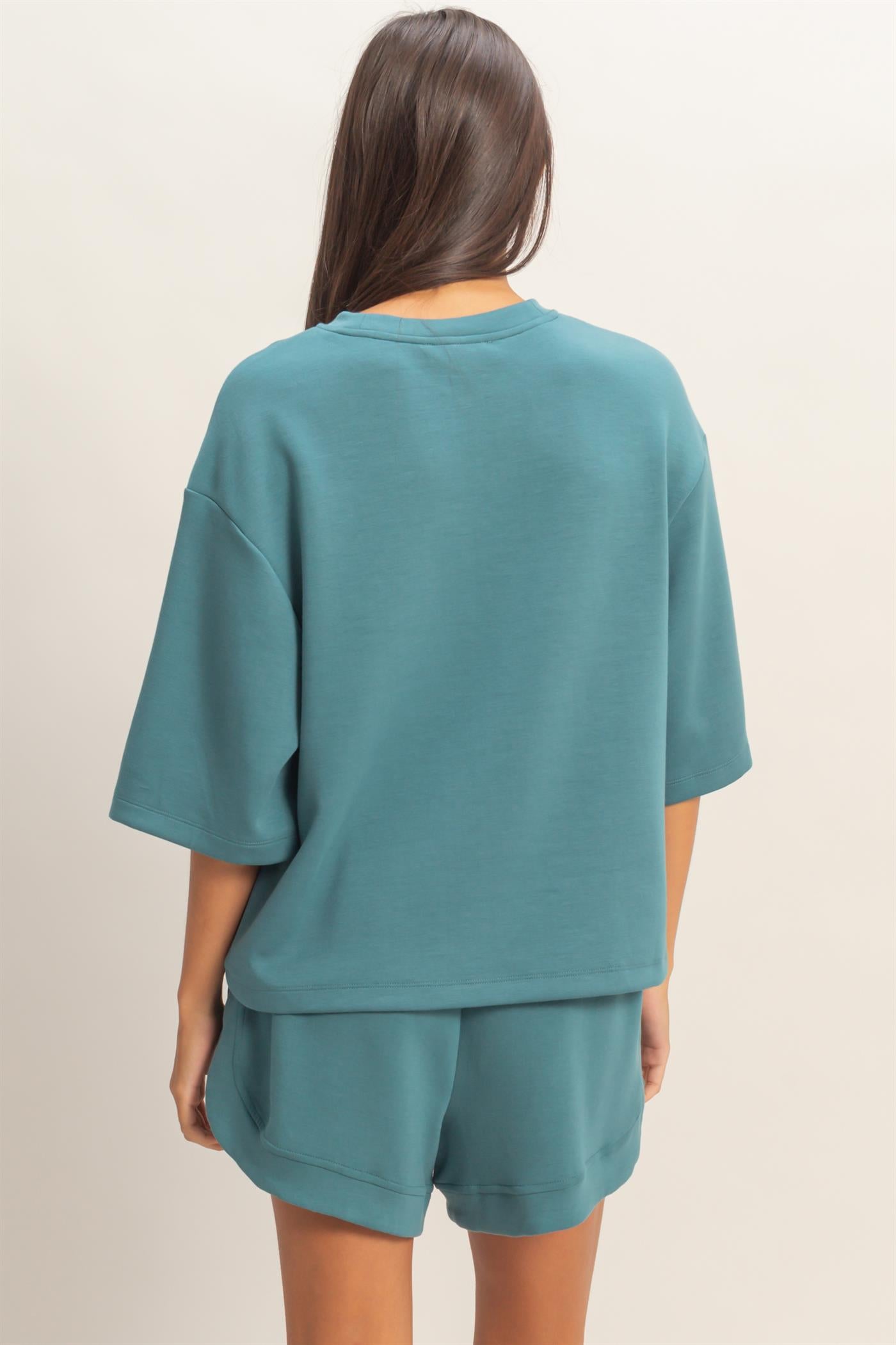 Wholesale Scuba Short Sleeve Boxy Top T-Shirts DZ26A271 DARK TEAL DOUBLE ZERO