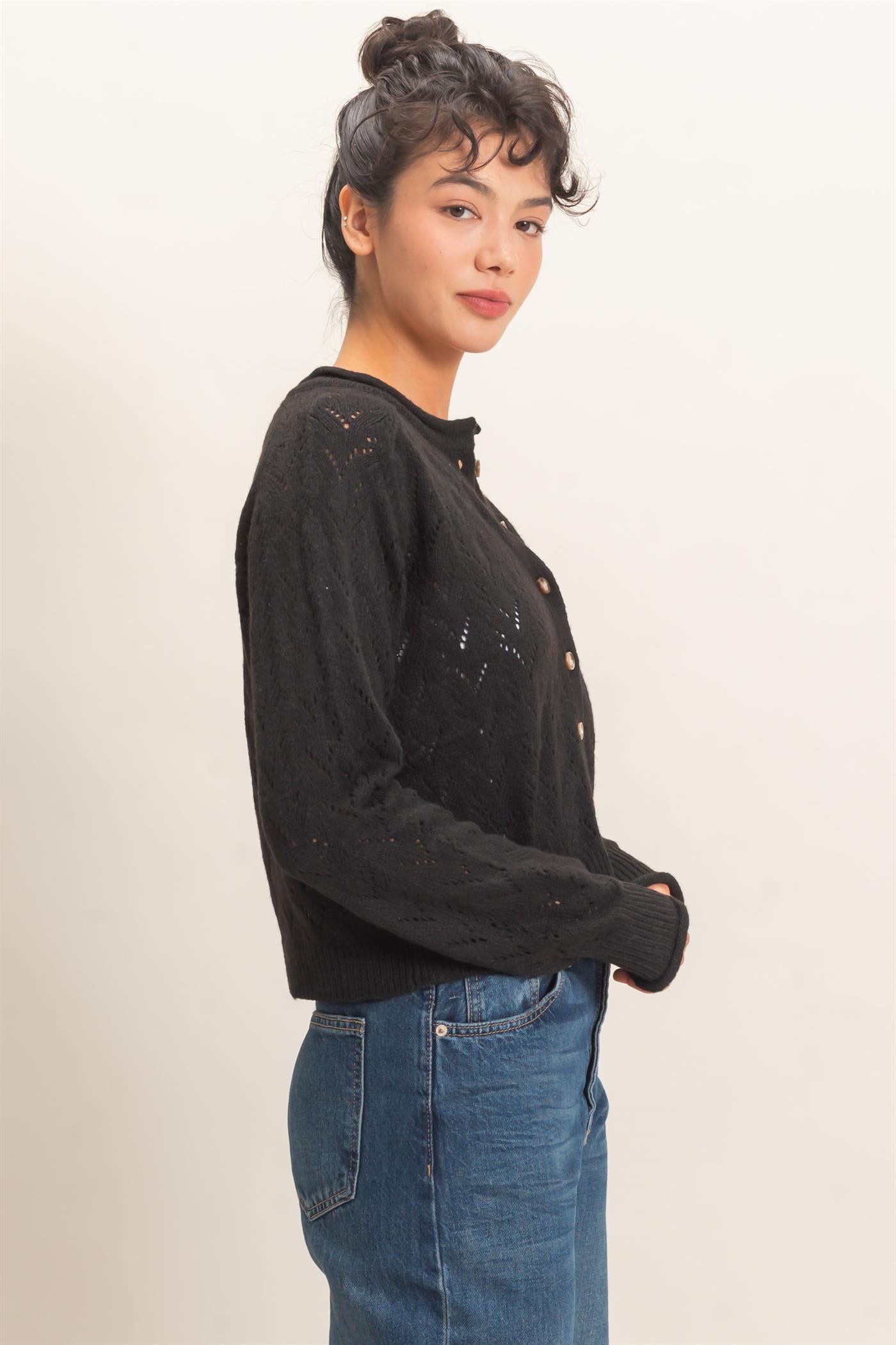 Wholesale Pointelle Knit Button Front Cardigan Cardigans DZ26C978 BLACK DOUBLE ZERO