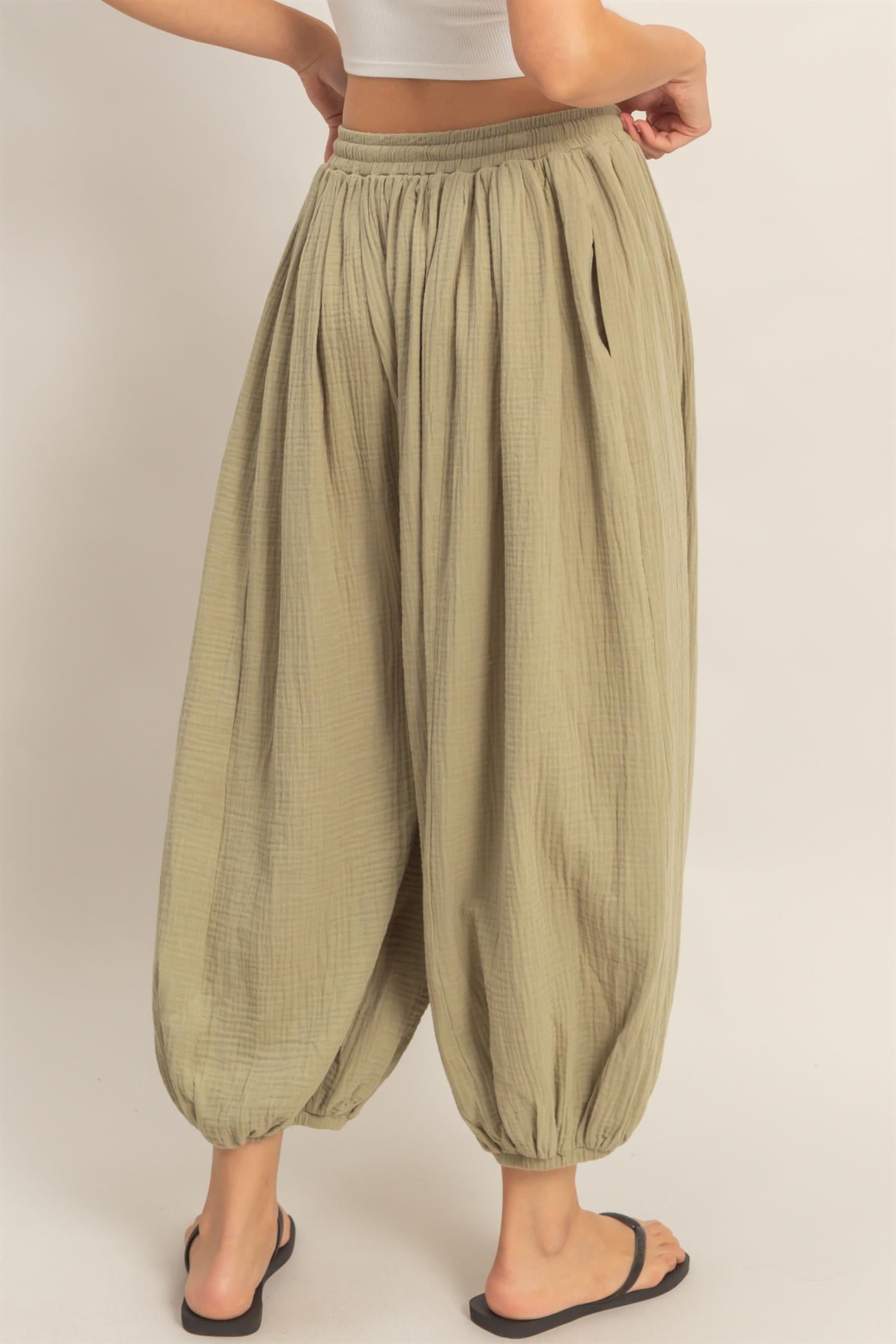 Wholesale Gauzed Elastic Waist Balloon Joggers Pants Pants HF26C320 LIGHT OLIVE HYFVE