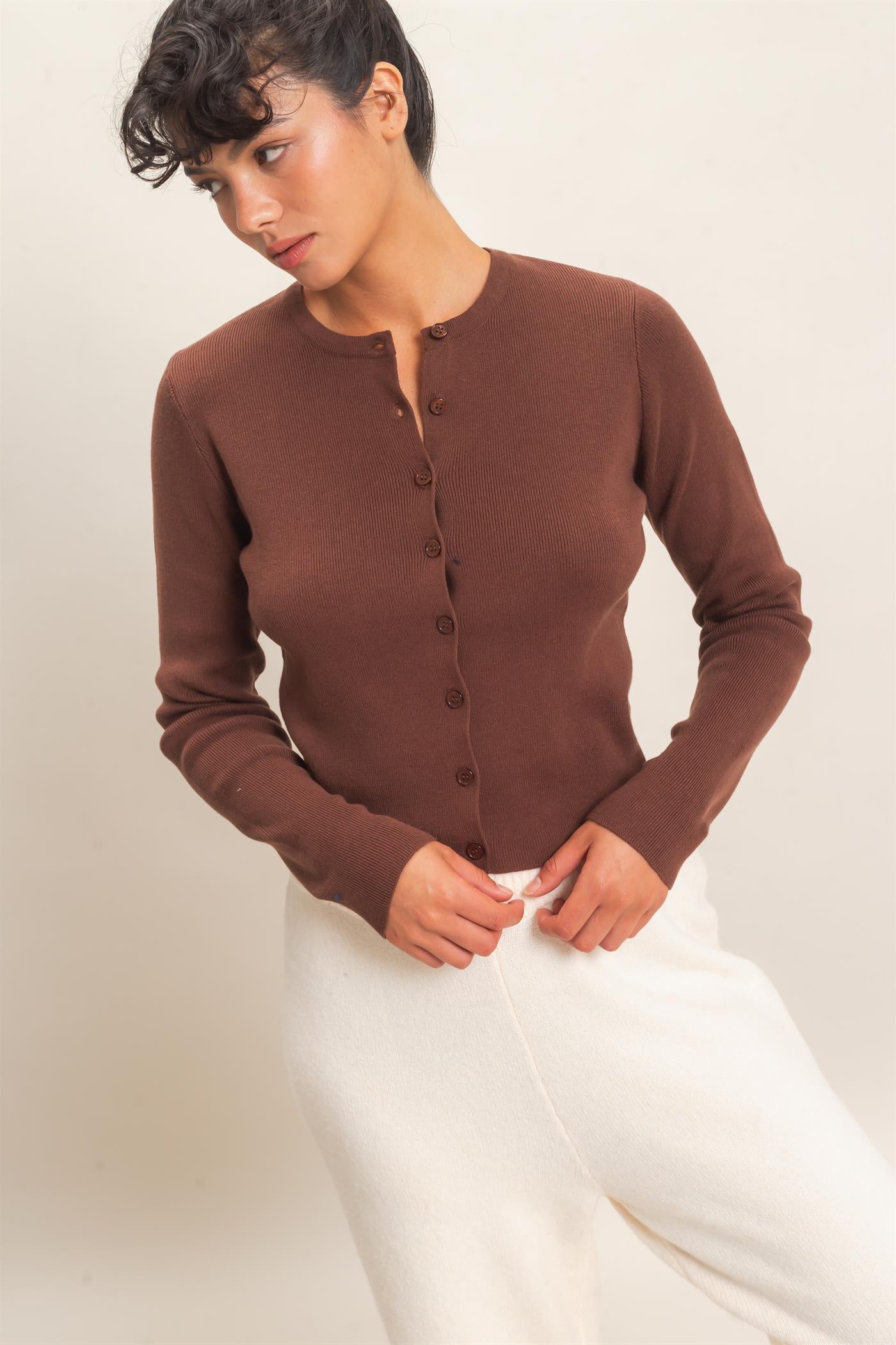 Wholesale Ribbed Crew Neck Cardigan Cardigans DZ27A153 DARK BROWN DOUBLE ZERO