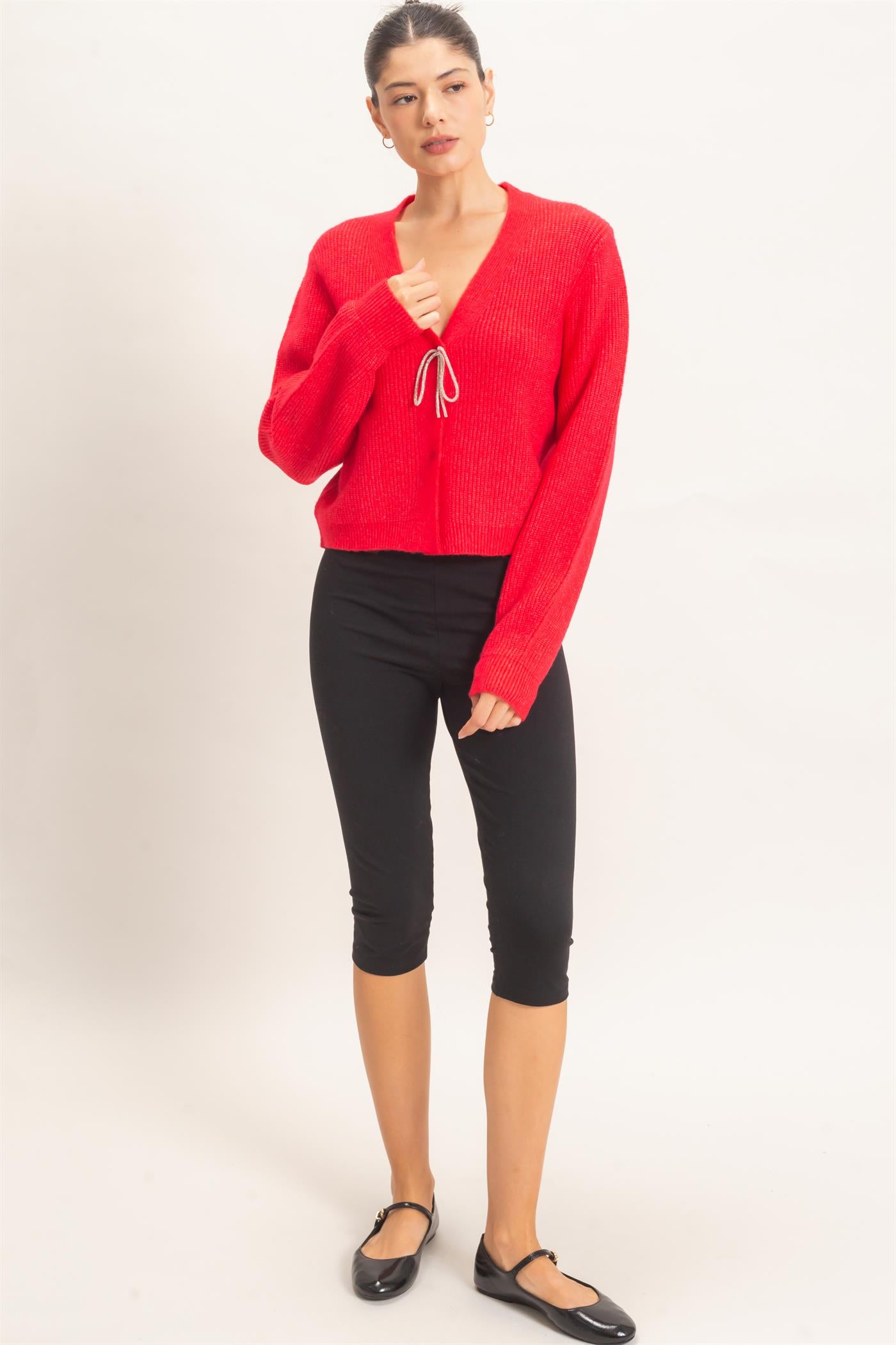 Wholesale Rhinestone Bow Tie-Front Sweater Cardigans HF26F183-D RED HYFVE