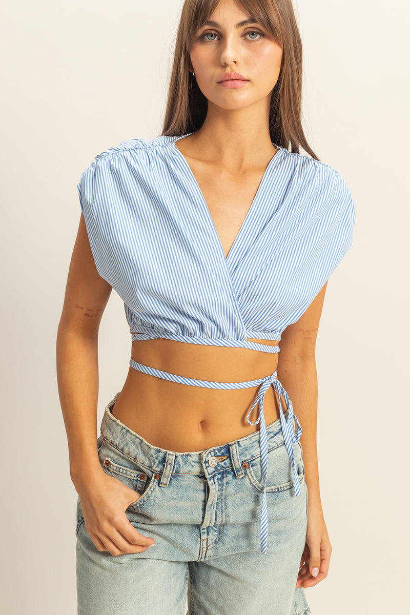 Wholesale Striped V Neck Wrap Crop Top Crop Tops HF22C722 BLUE HYFVE