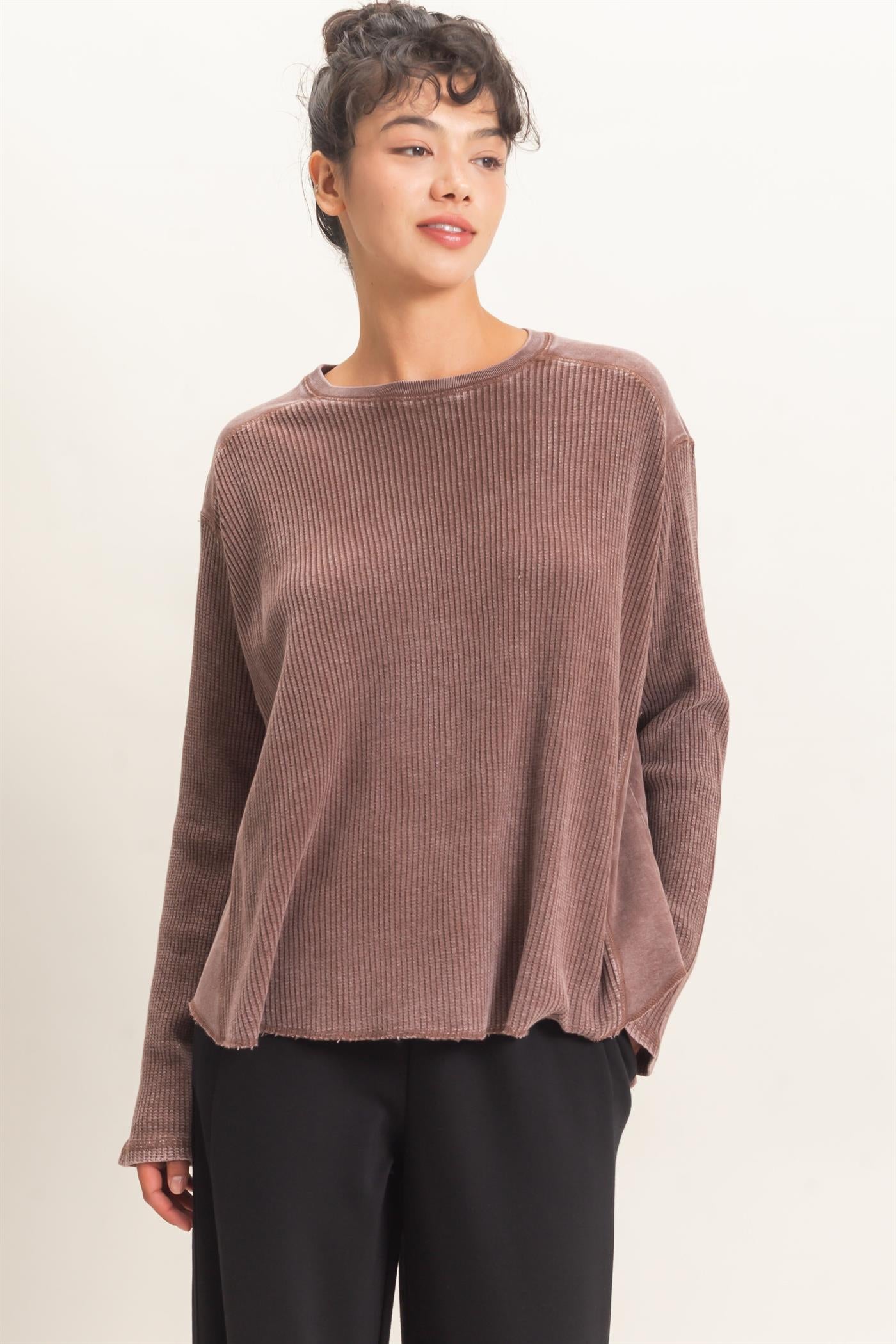 Wholesale Oversized Mineral Washed Waffle Knit Top Clothing Tops DZ26E654 DARK BROWN DOUBLE ZERO
