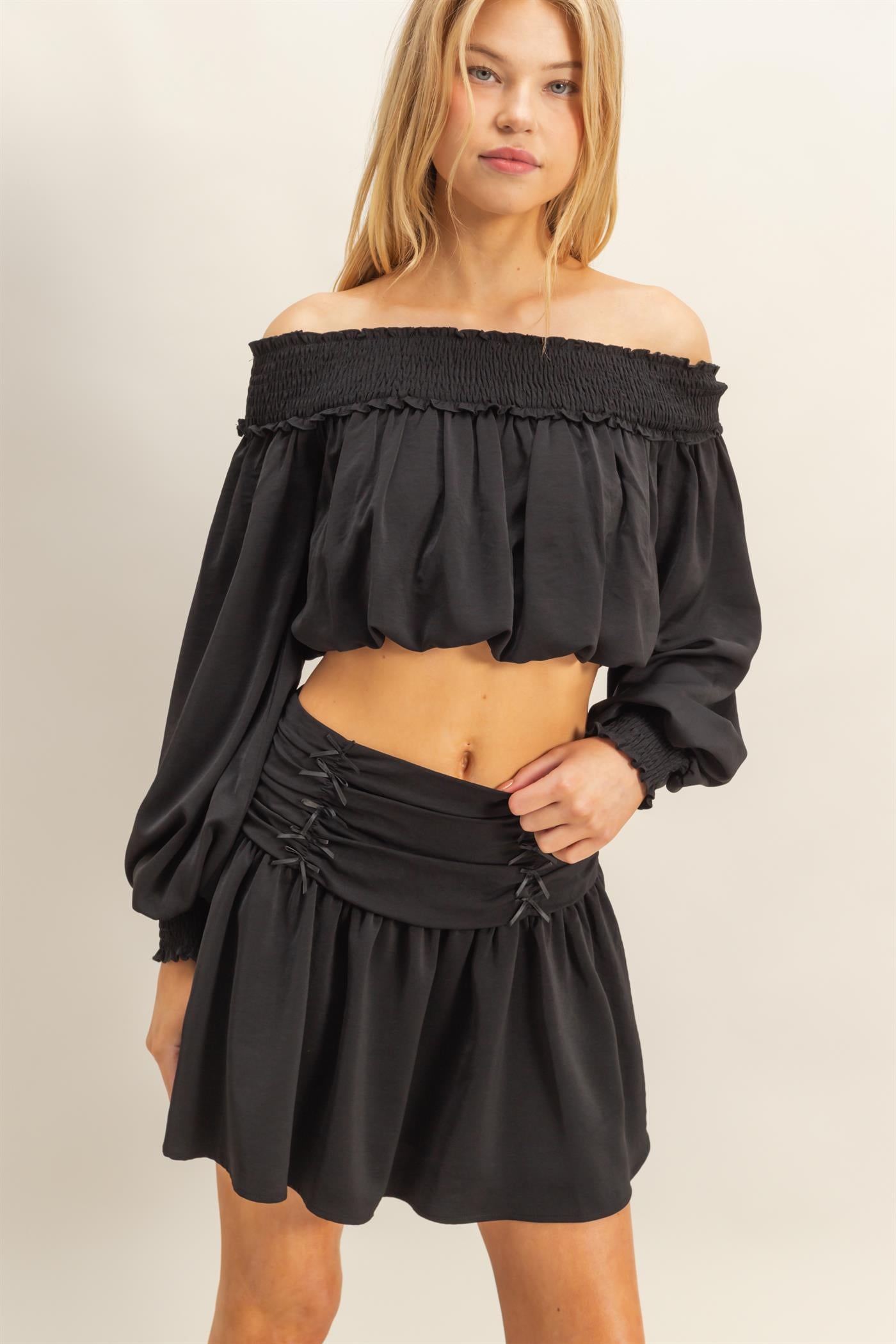 Wholesale Romantic Off Shoulder Top And Gathered Skirt Set Clothing HF25A243-SET BLACK HYFVE