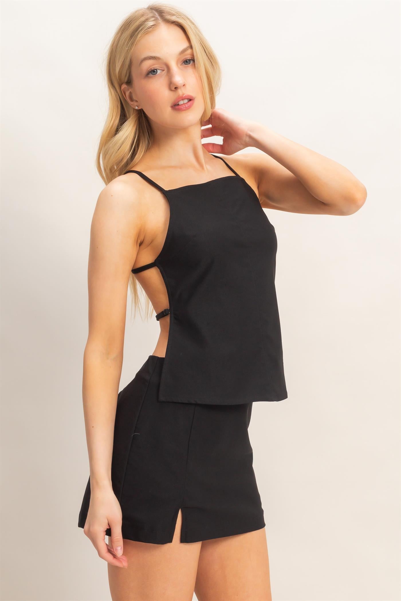 Wholesale Strappy Straight Neck Top & Skort Clothing HF26C894-SET BLACK HYFVE