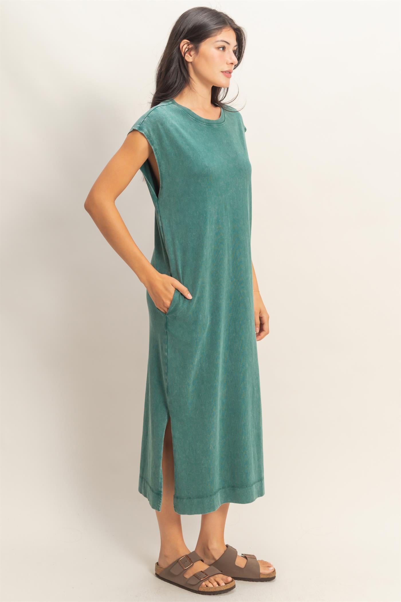 Wholesale Mineral Wash Cap Sleeve Midi Dress Dresses DZ26A049 DARK TEAL DOUBLE ZERO