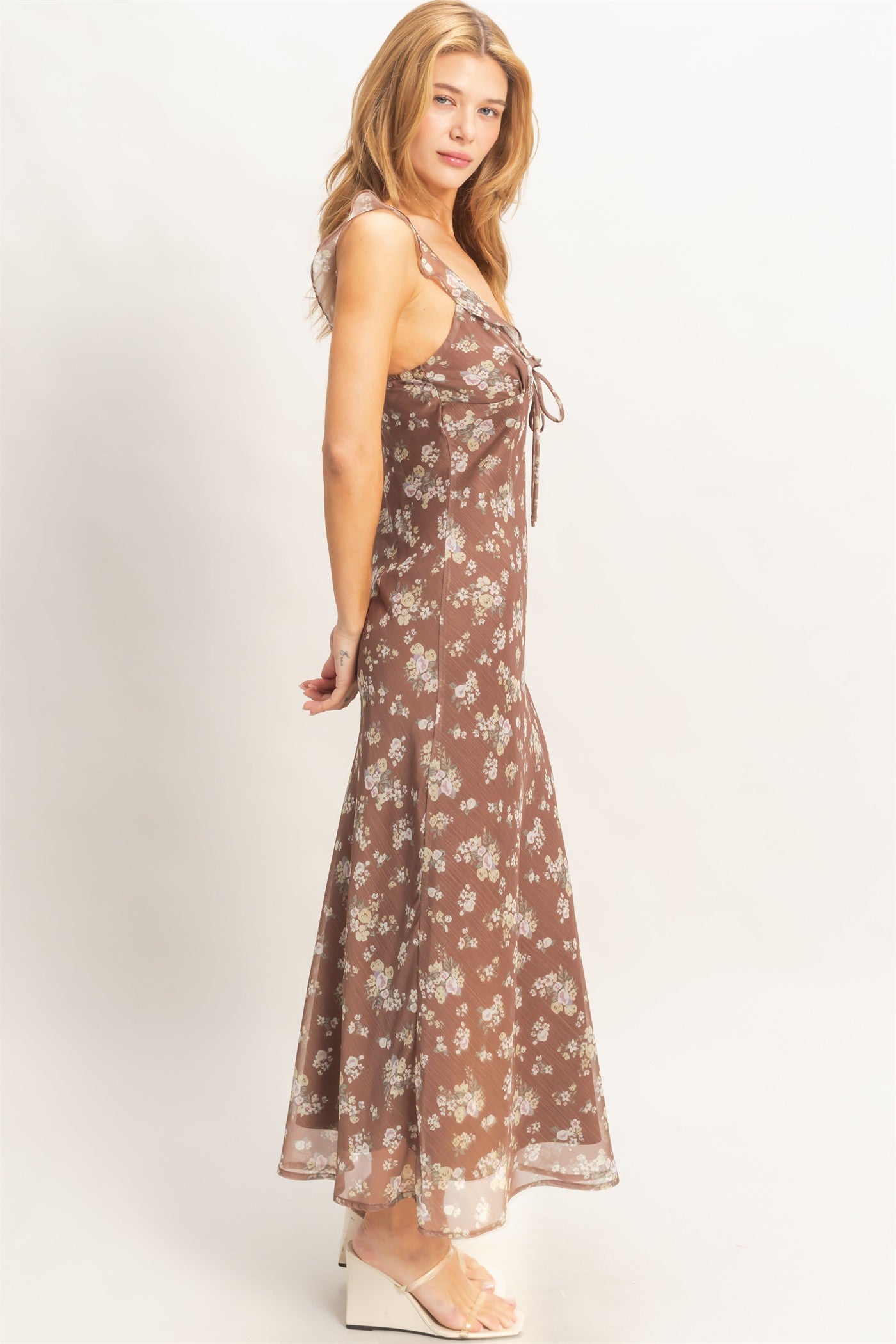 Wholesale Floral Ruffle Strap Midi Dress Dresses HF26E344 BROWN HYFVE