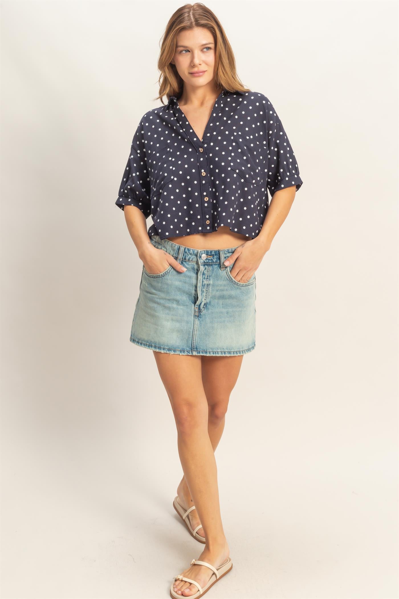 Wholesale Polka Dot Button-Up Shirt Shirts HF26E417-D NAVY HYFVE