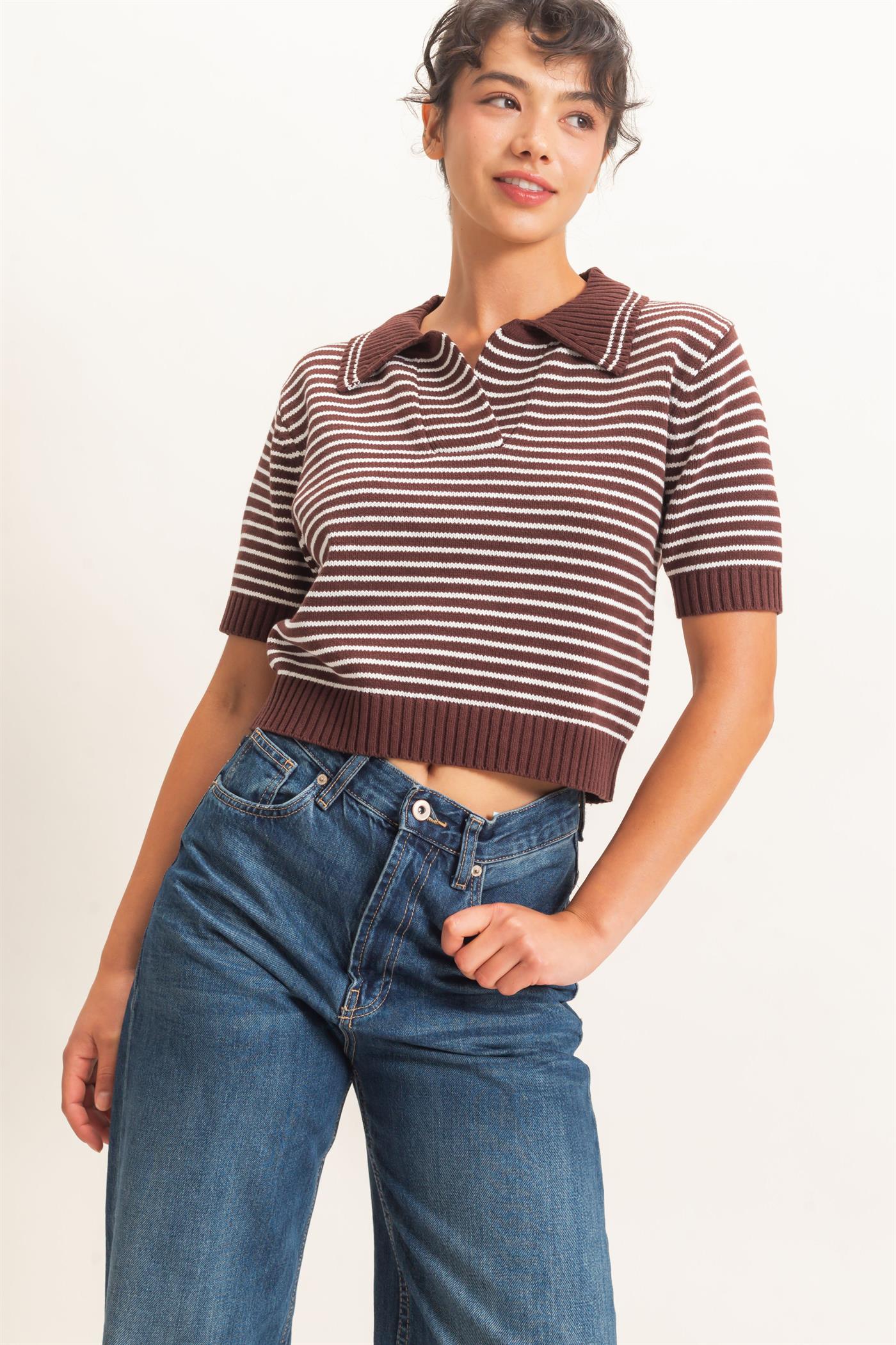 Wholesale Striped Short Sleeve Collar Knit Top Clothing Tops DZ26E261 DARK BROWN DOUBLE ZERO