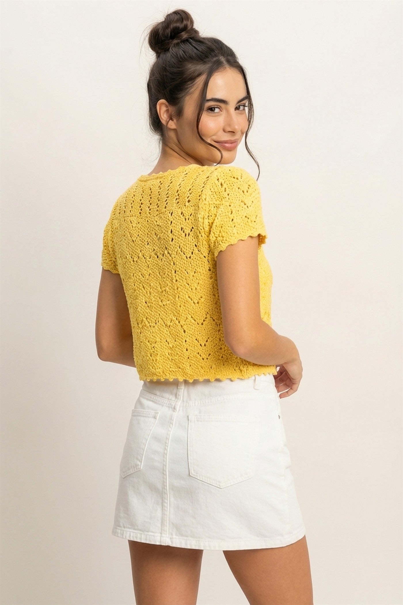 Wholesale Pointelle Tie Front Knit Cardigan Clothing Tops DZ24C268 PINEAPPLE DOUBLE ZERO