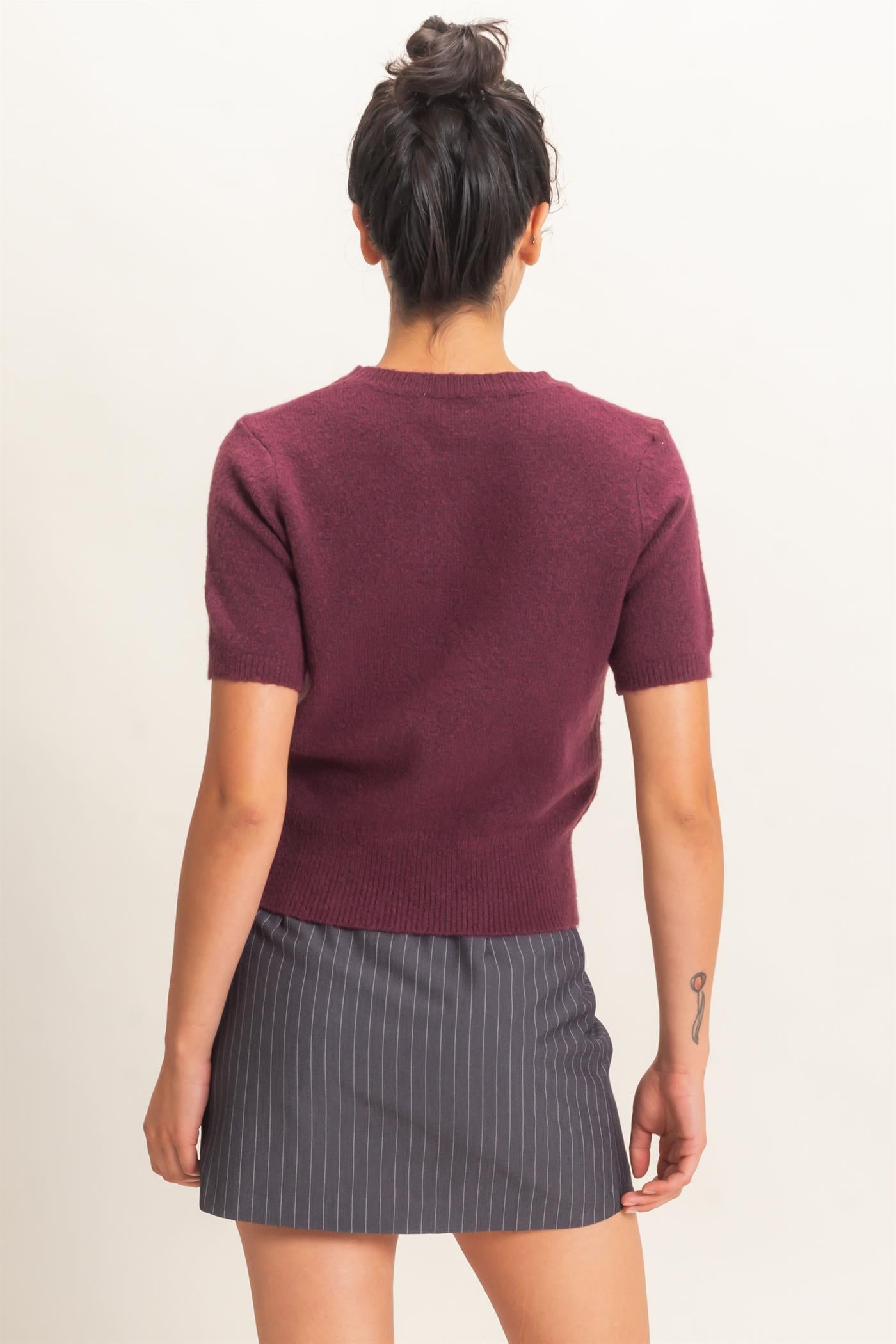 Wholesale Crew Neck Short Sleeve Knit Top Clothing Tops DZ26E944 DARK CHERRY DOUBLE ZERO