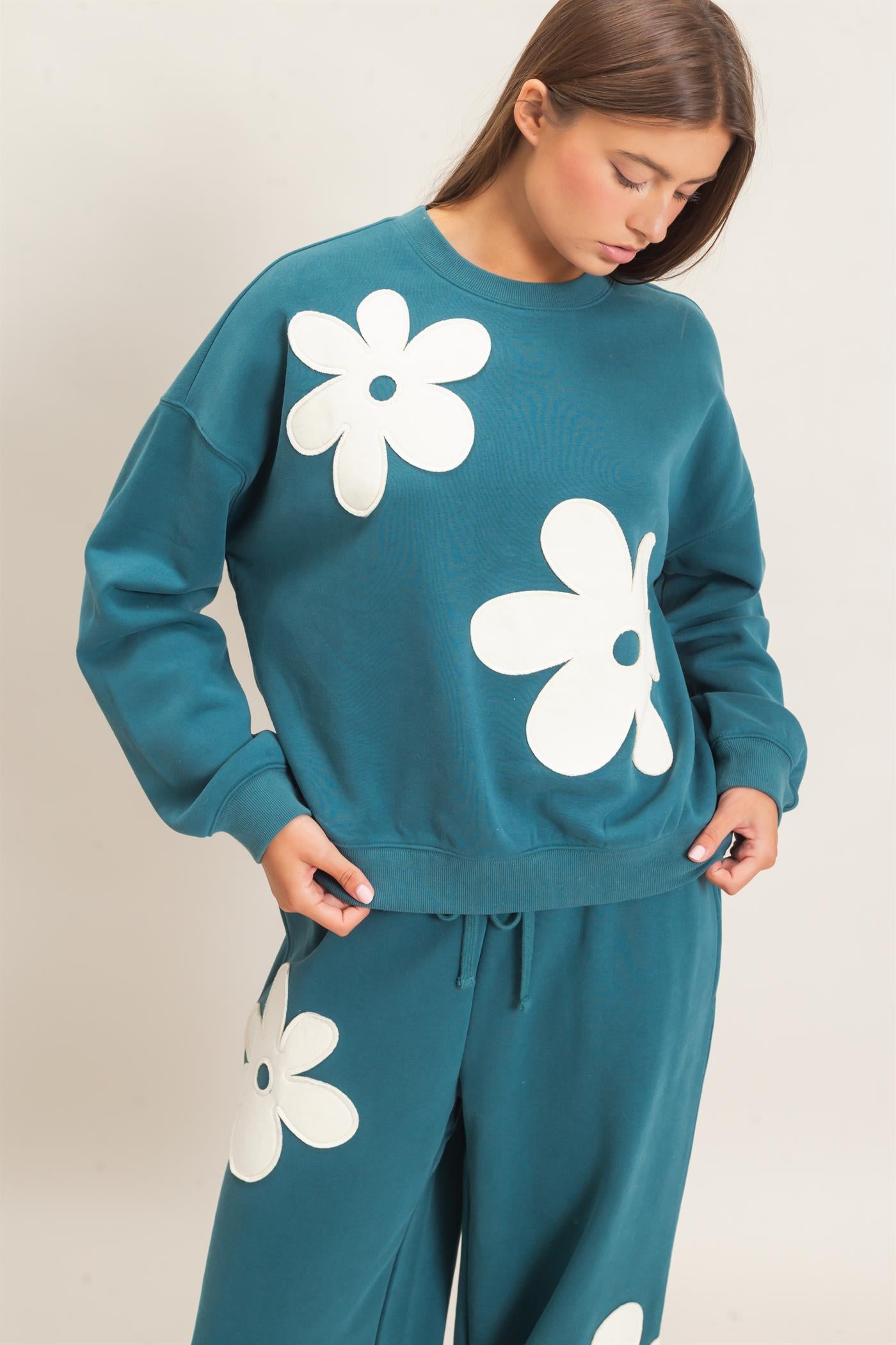 Wholesale Floral Applique Crew Neck Sweatshirt Sweatshirts DZ26E708 DARK TEAL DOUBLE ZERO