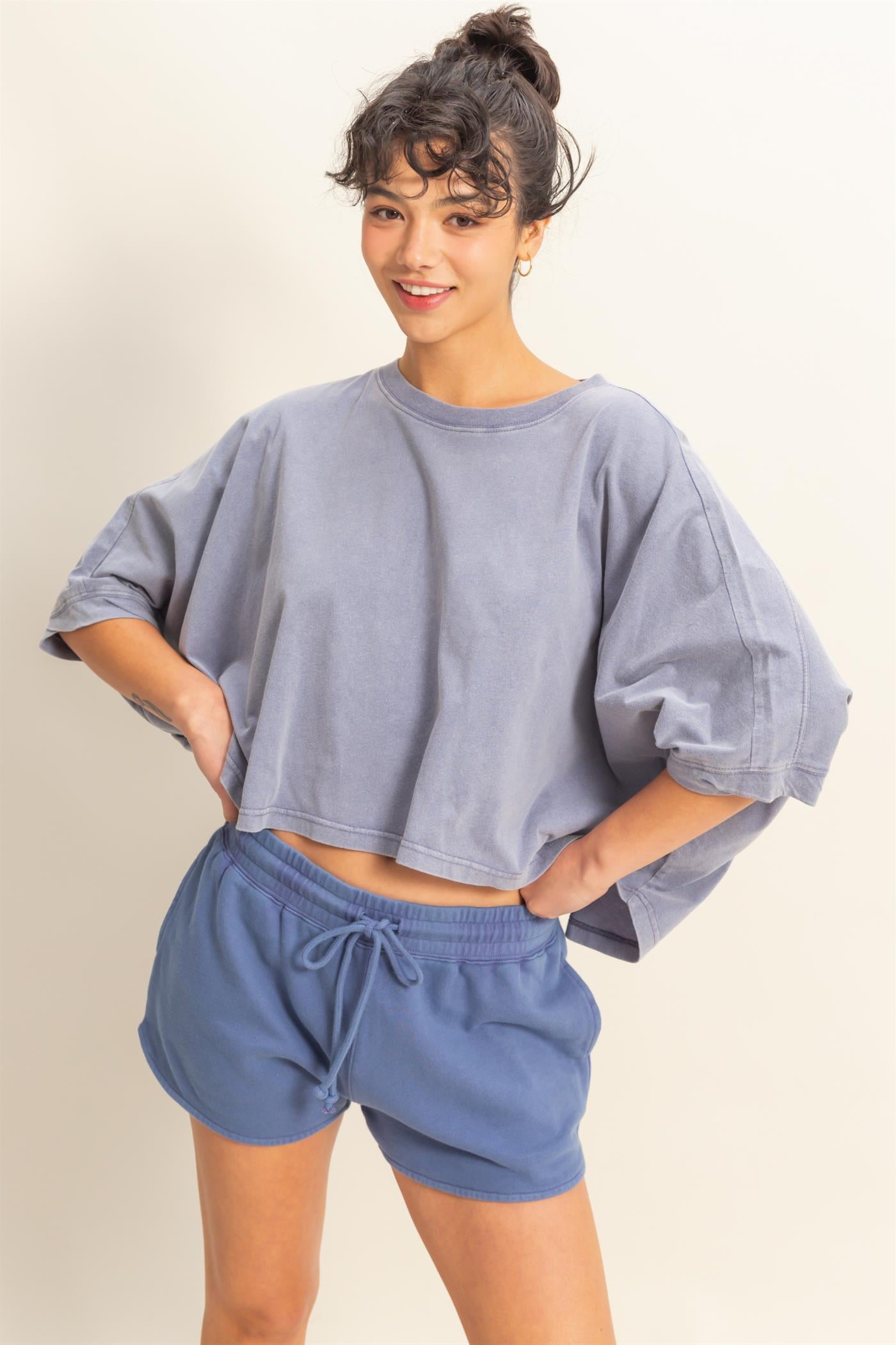 Wholesale Flowy Bat Wing Sleeves Knit Top Clothing Tops DZ25A797 DUSTY INDIGO DOUBLE ZERO