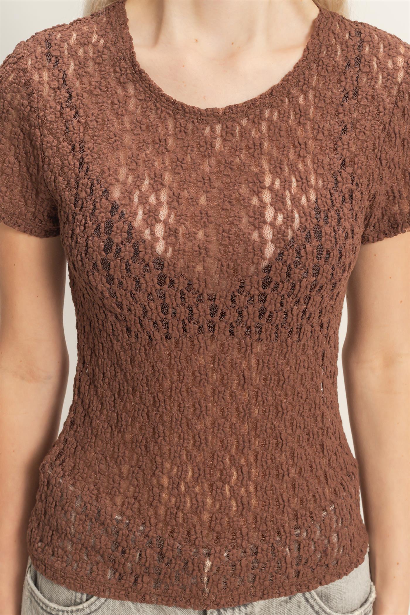 Wholesale Textured Lace Short Sleeve Top Clothing Tops DZ26C394 CHOCOLATE DOUBLE ZERO