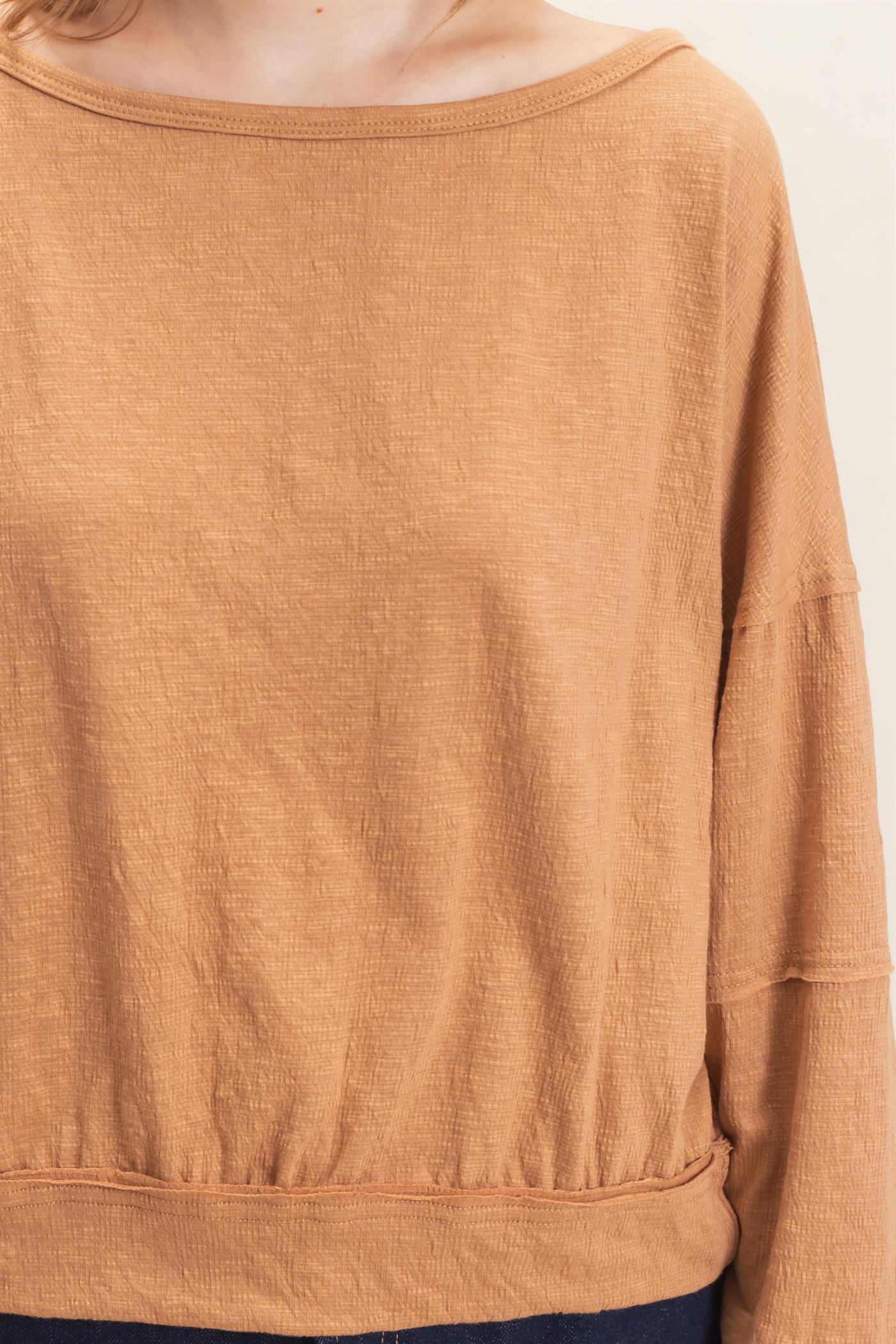 Wholesale Relaxed Boat Neck Long Sleeve Top Clothing Tops HF25F340 LIGHT BROWN HYFVE