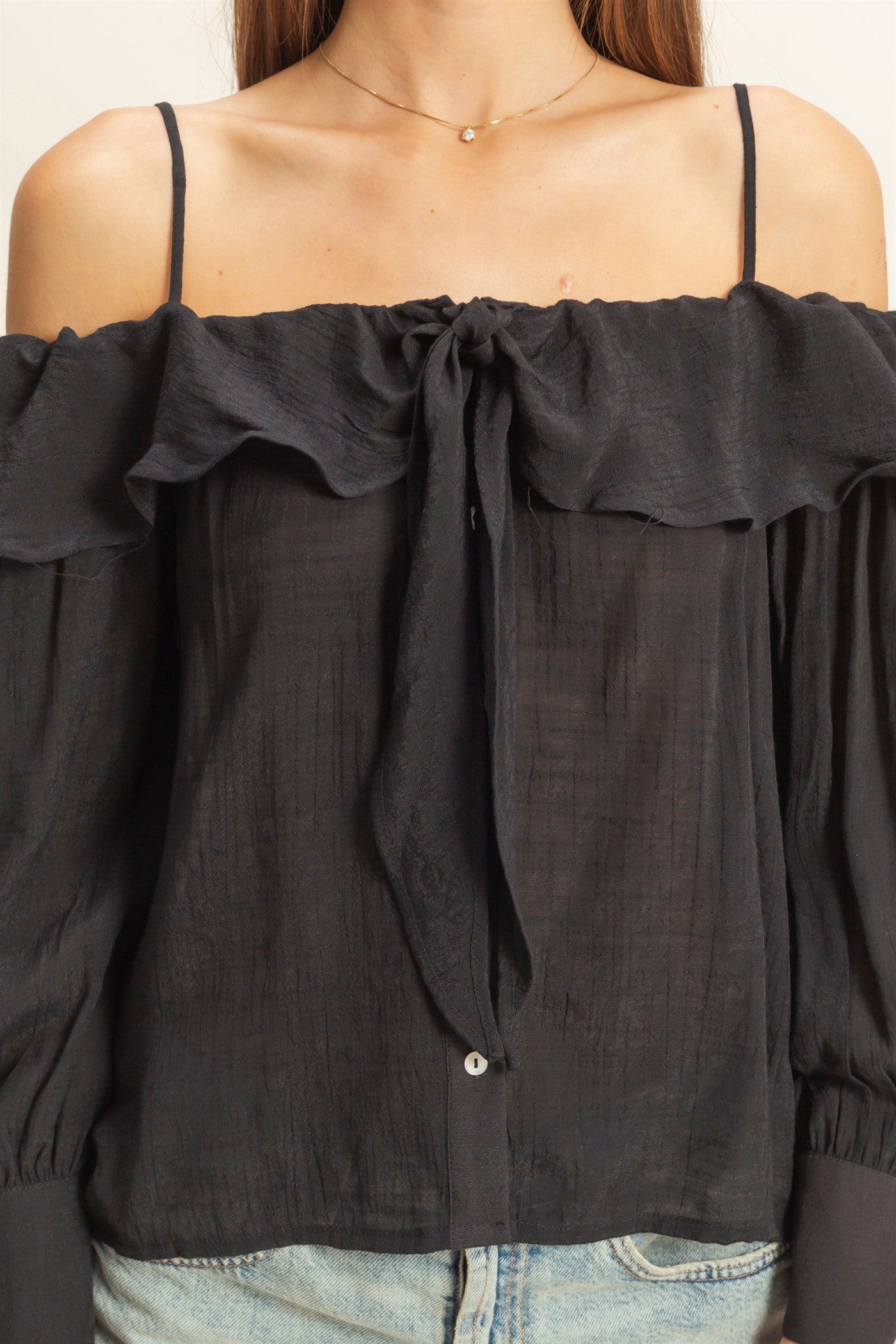 Wholesale Cold-Shoulder Ruffled Blouse Clothing Tops HF23C787 BLACK HYFVE