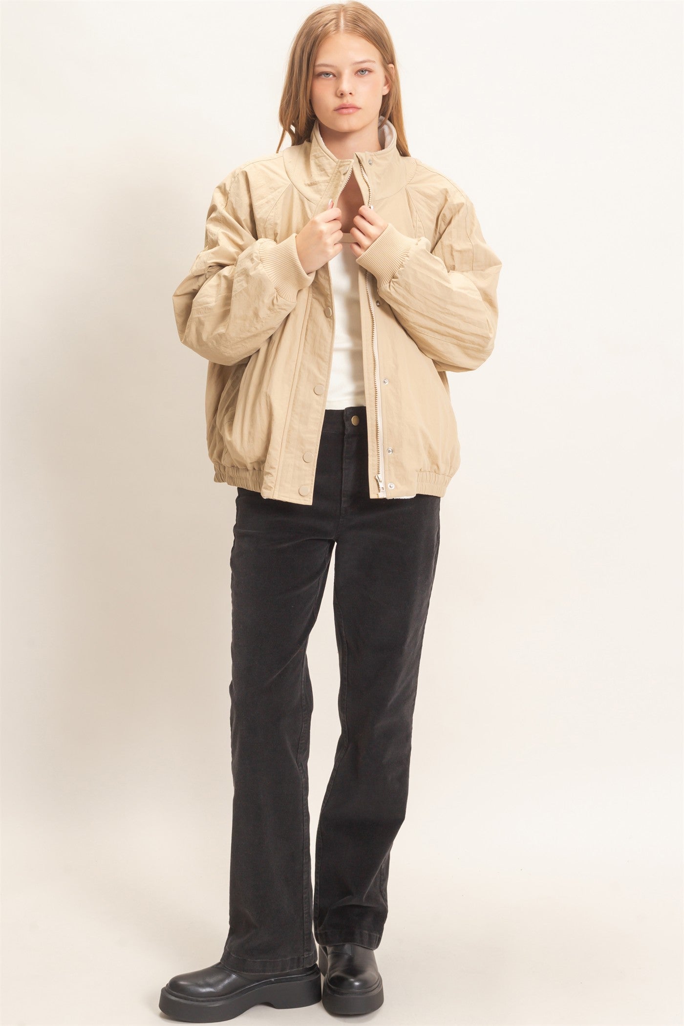 Wholesale Fleece-Lined Mock Neck Snap Jacket Coats & Jackets HF26C918 BEIGE HYFVE