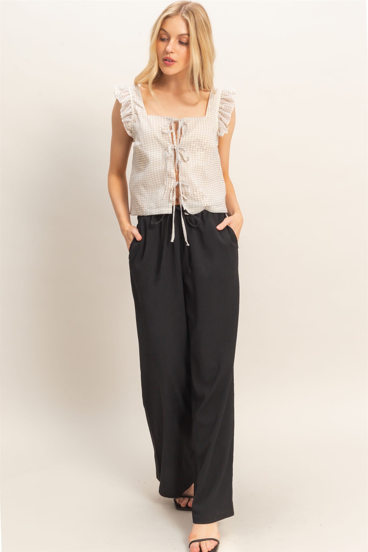 Wholesale Embroidered Gingham Tie Front Top Clothing HF26A501 DARK MAUVE HYFVE