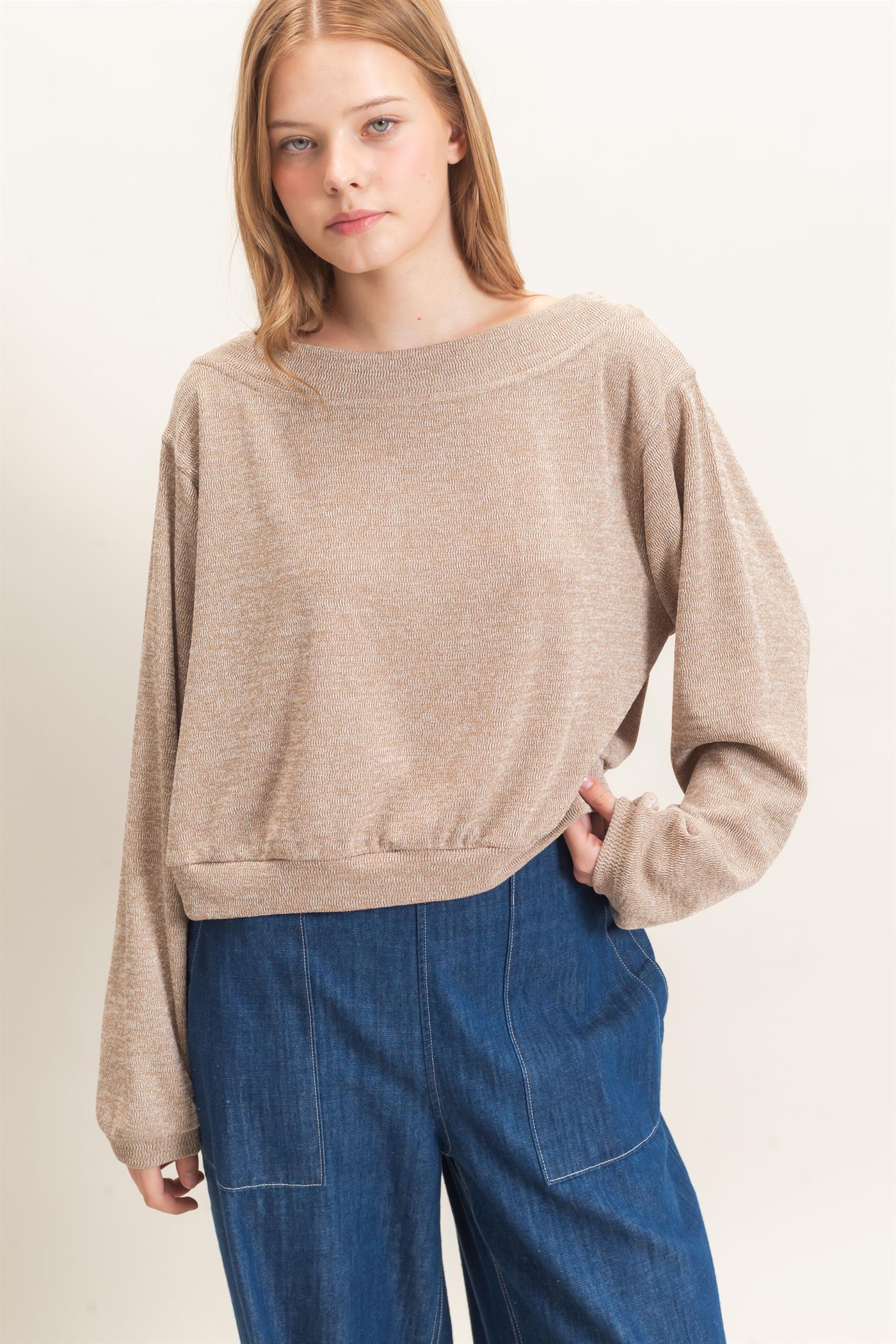 Wholesale Off Shoulder Knit Sweatshirt Blouses HF26F028 TAUPE HYFVE