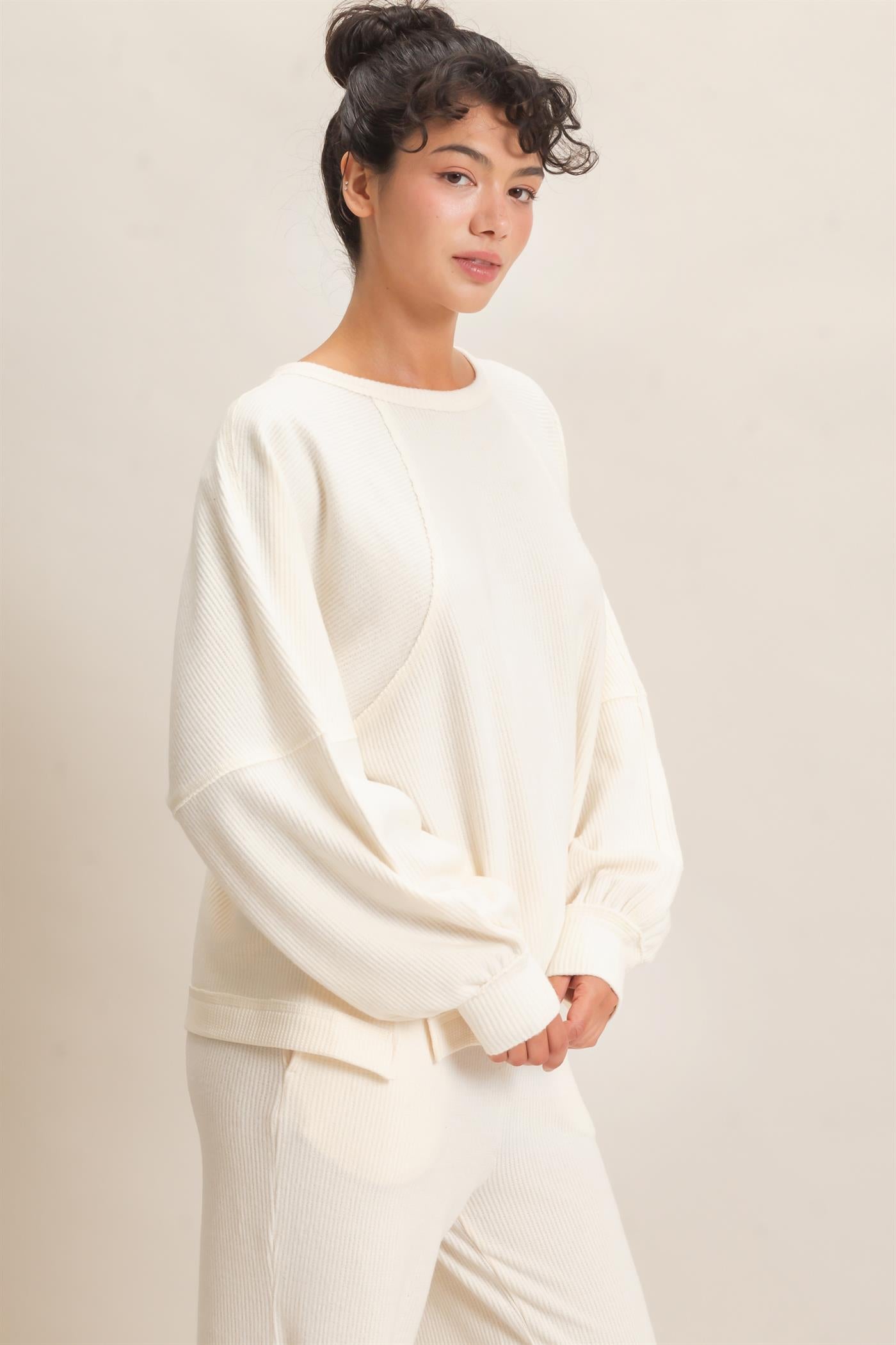 Wholesale Brushed Waffle Long Sleeve Top Clothing Tops DZ26F312 CREAM DOUBLE ZERO