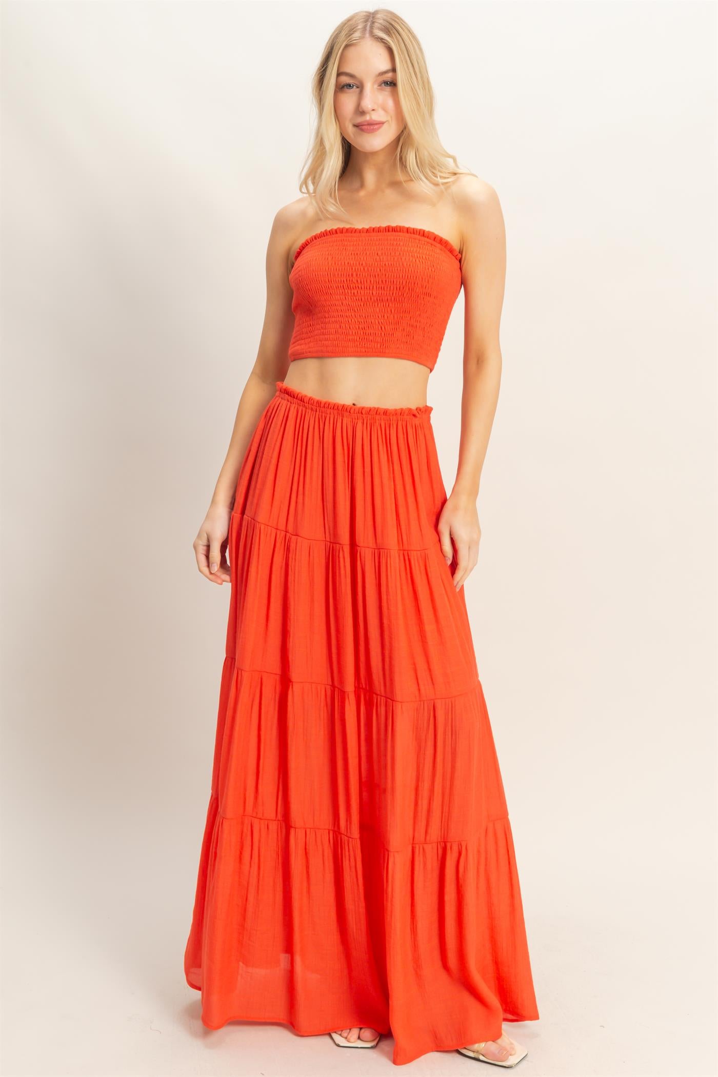 Wholesale Smocked Tube Top & Tiered Skirt Set Clothing HF26C289-SET-D ORANGE RED HYFVE