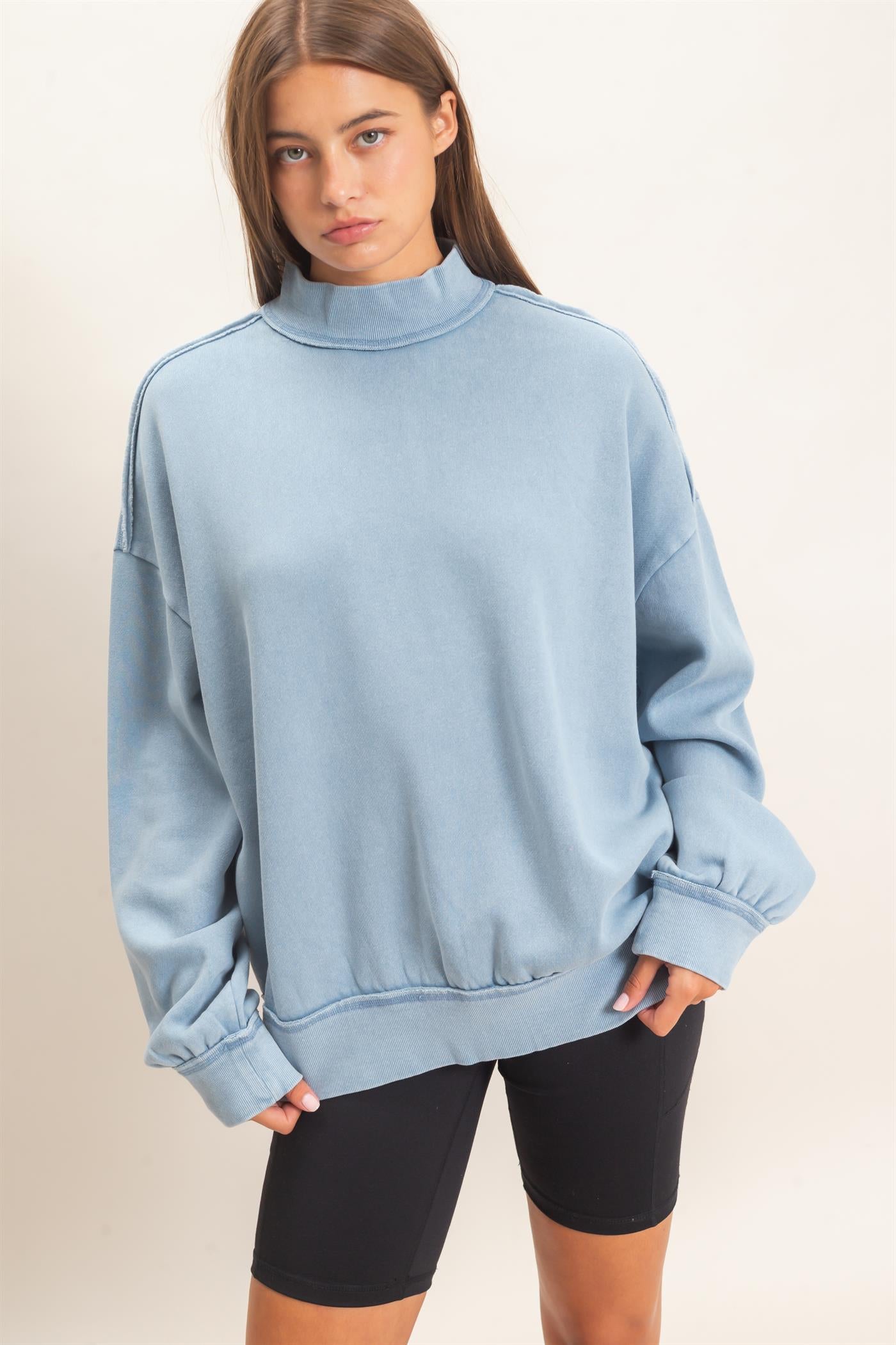 Wholesale Acid Washed Mock Neck Sweatshirt Sweatshirts DZ26E656 DUSTY BLUE DOUBLE ZERO