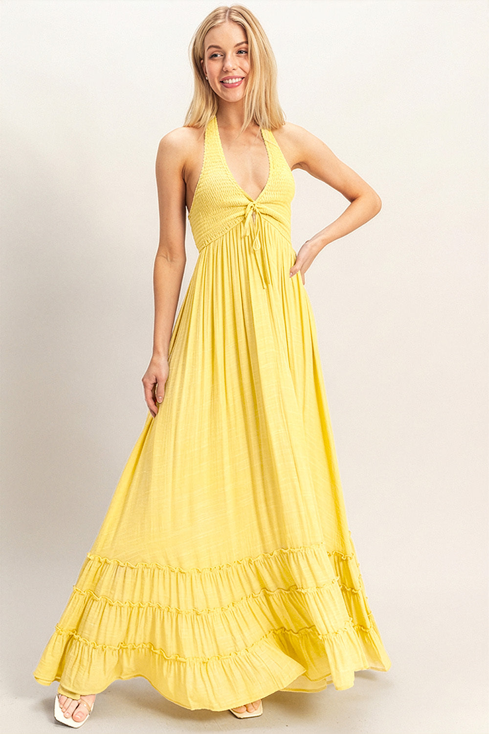 Wholesale Halter Neck Smocked Maxi Dress Dresses HF26C287-D LIGHT YELLOW HYFVE