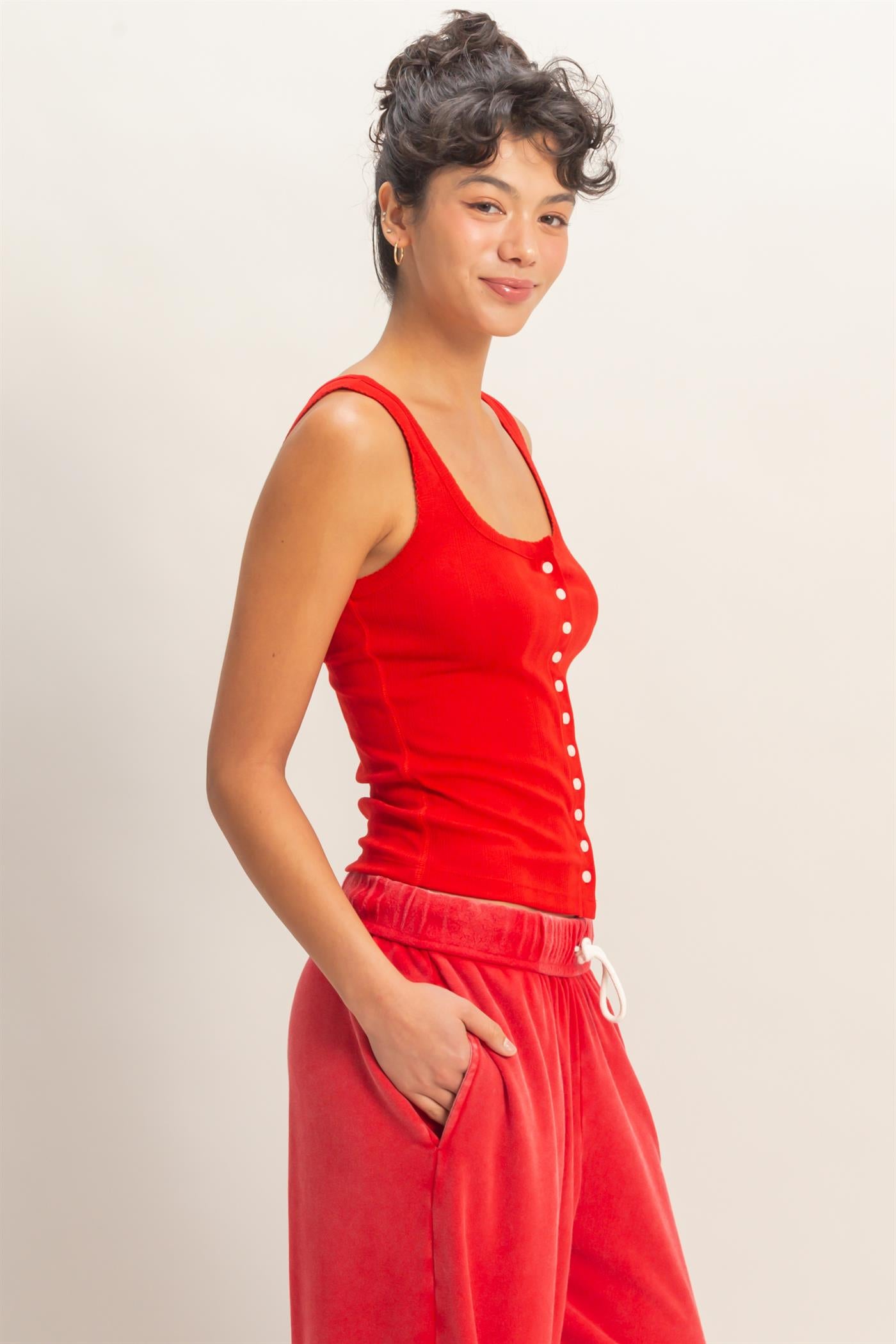 Wholesale Pointelle Button Front Scoop Neck Tank Top Tank Tops DZ26A775 RED DOUBLE ZERO