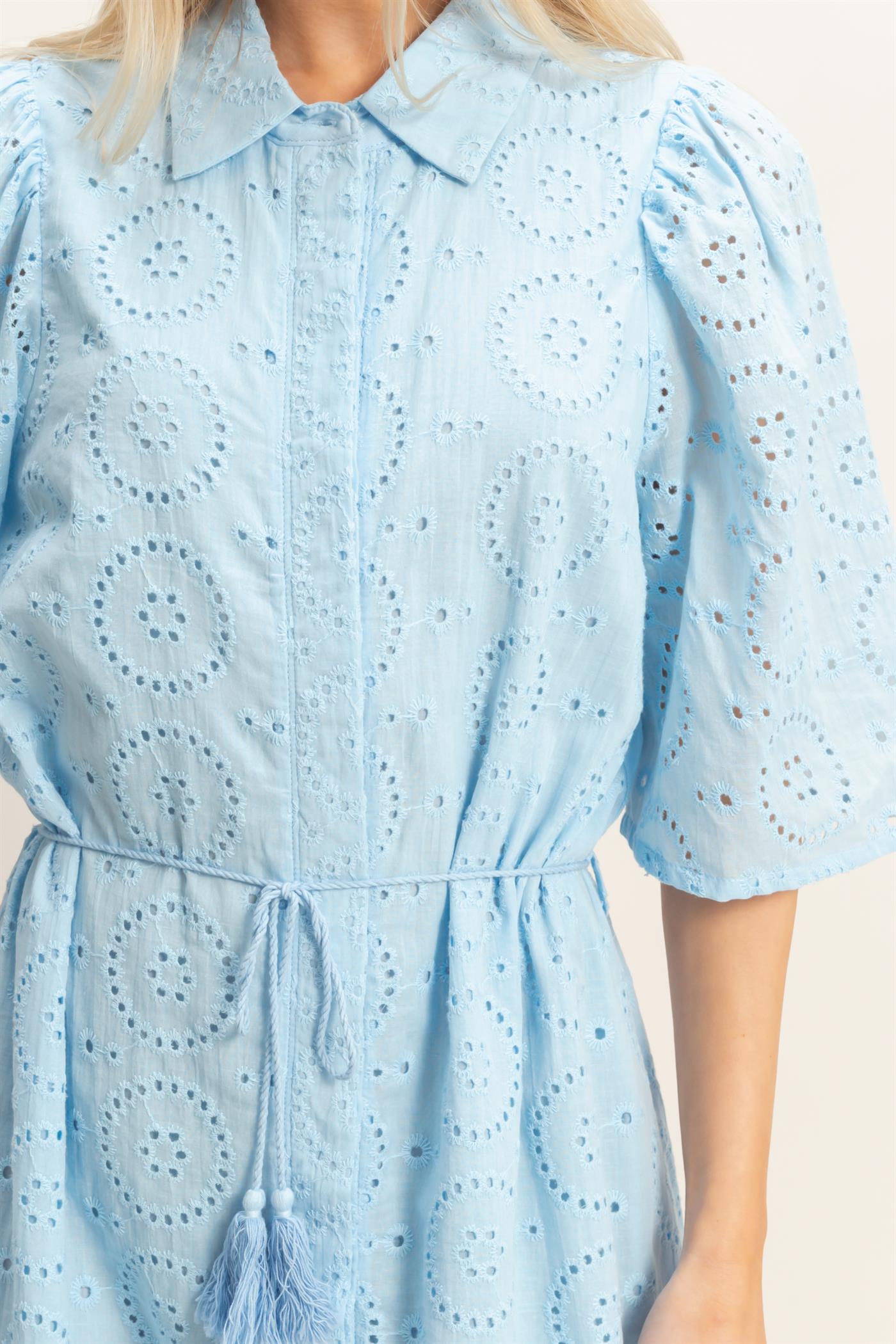 Wholesale Eyelet Collared Midi Dress Dresses HF26A021 L.BLUE HYFVE