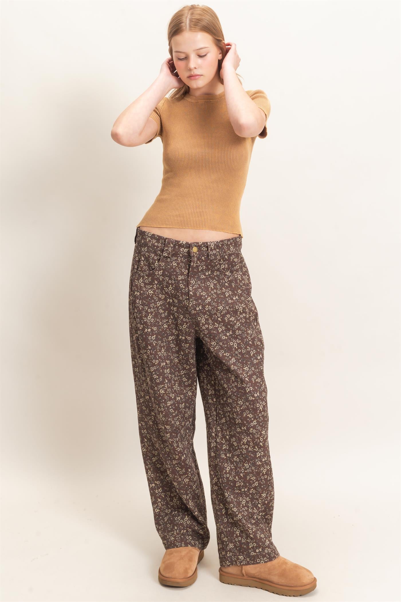 Wholesale Floral Print Garment Wash Barrel Pants Pants HF26C840 CHESTNUT HYFVE