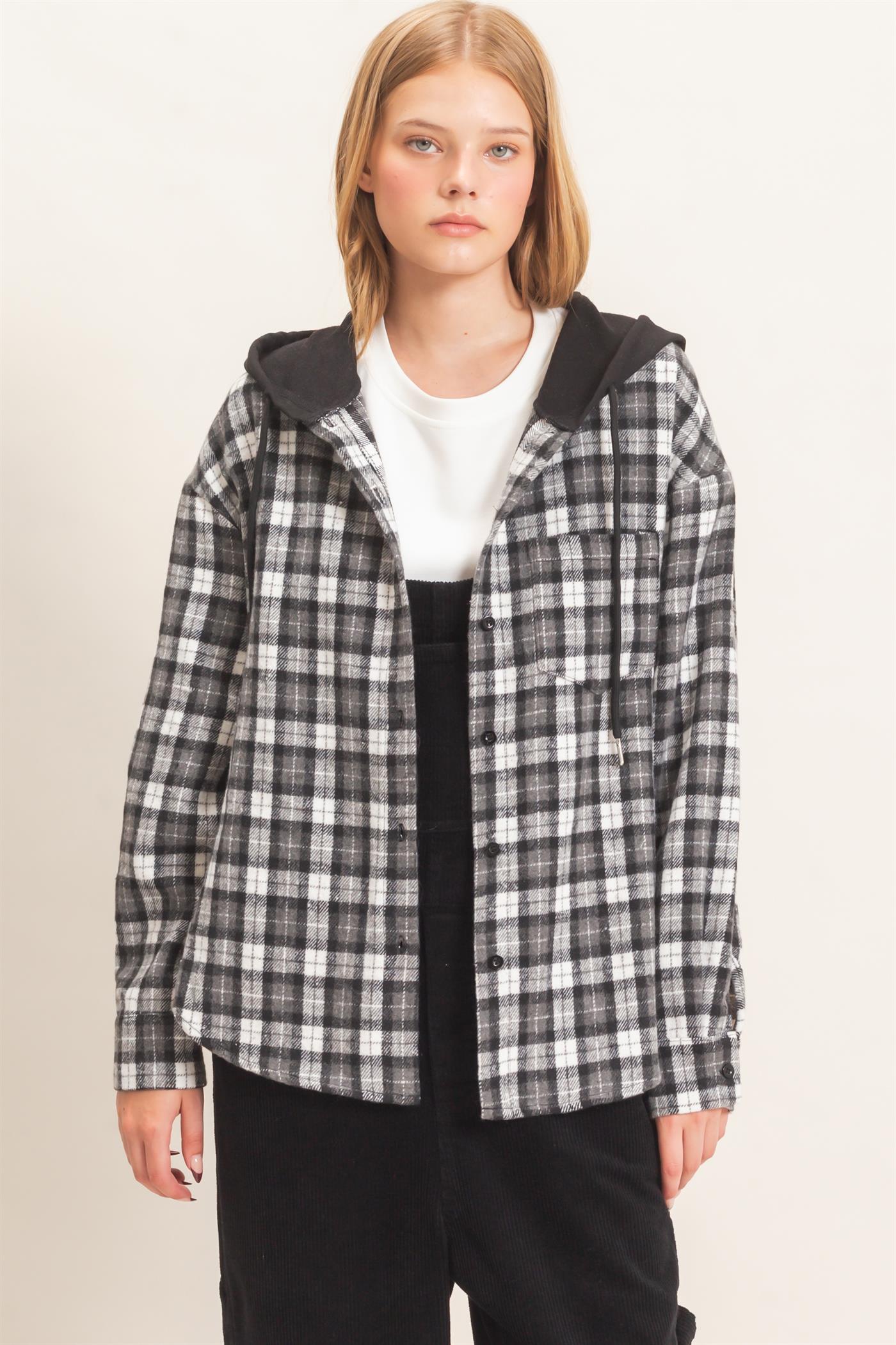 Wholesale Hooded Plaid Button-Up Shirt Shirts HF26F018 BLACK HYFVE