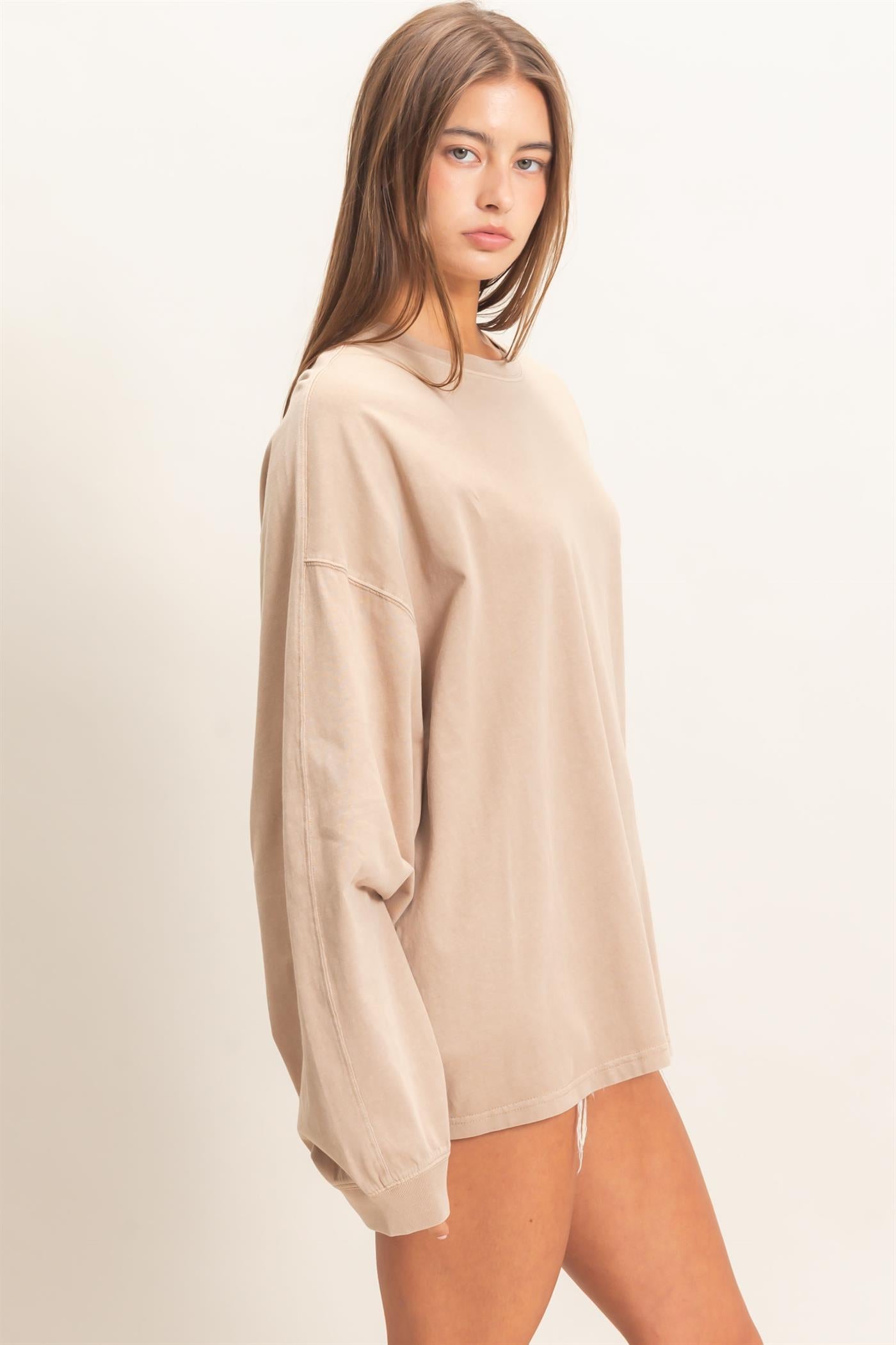 Wholesale Pigment Dye Oversized Long Sleeve Top Clothing Tops DZ26A825 TAUPE DOUBLE ZERO