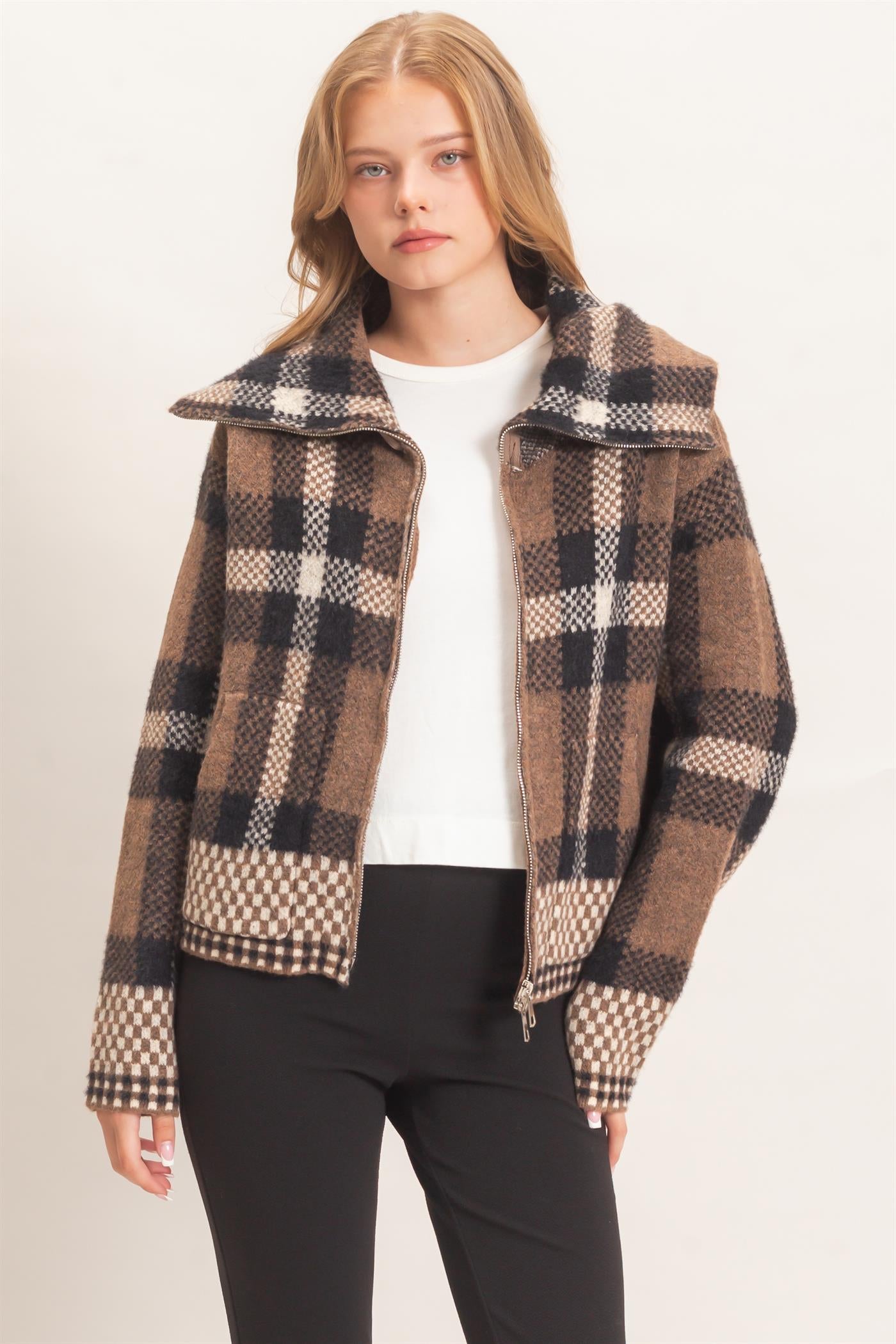 Wholesale Wide Collar Plaid Zip-Up Sweater Cardigans HF26E898 BROWN COMBO HYFVE