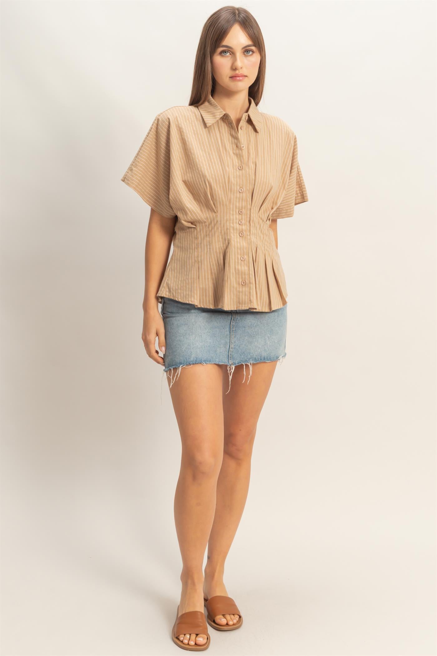 Wholesale Pleated Button-Up Shirt Shirts HF26A092 BEIGE DOUBLE ZERO