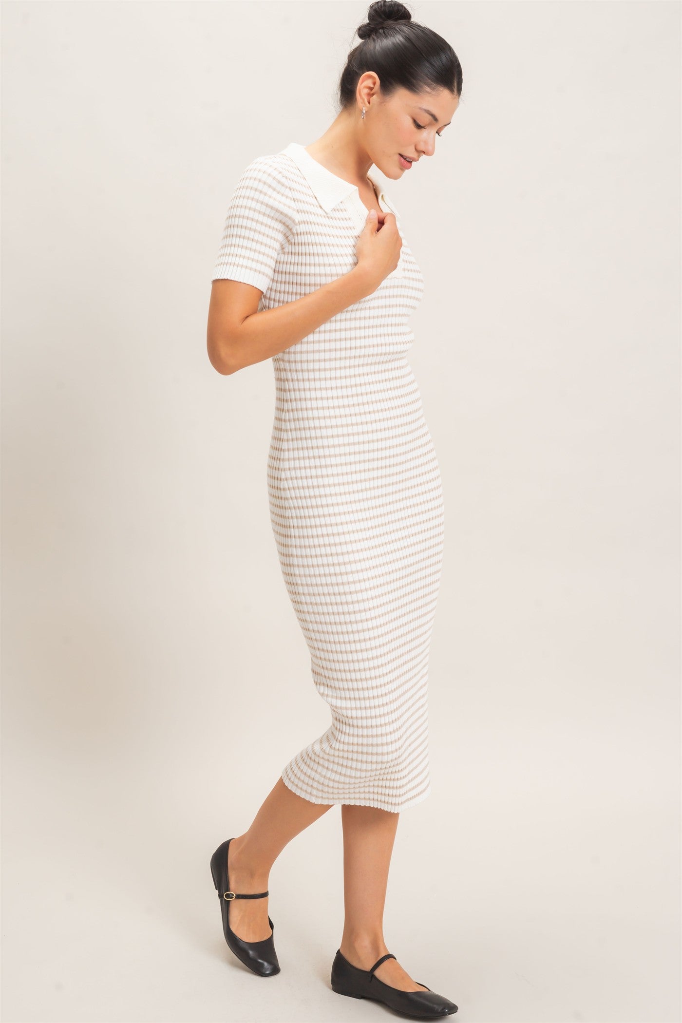 Wholesale Ribbed Collared Midi Dress Dresses HF26E216 CREAM HYFVE