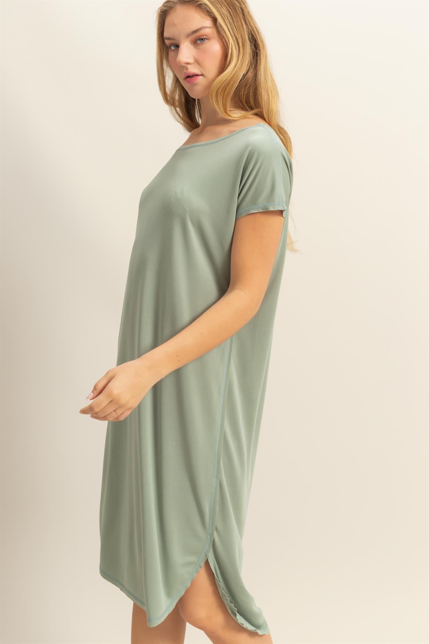 Wholesale Soft High Low Midi Dress  With Round Hem Dresses DZ25E307 SAGE GREEN DOUBLE ZERO