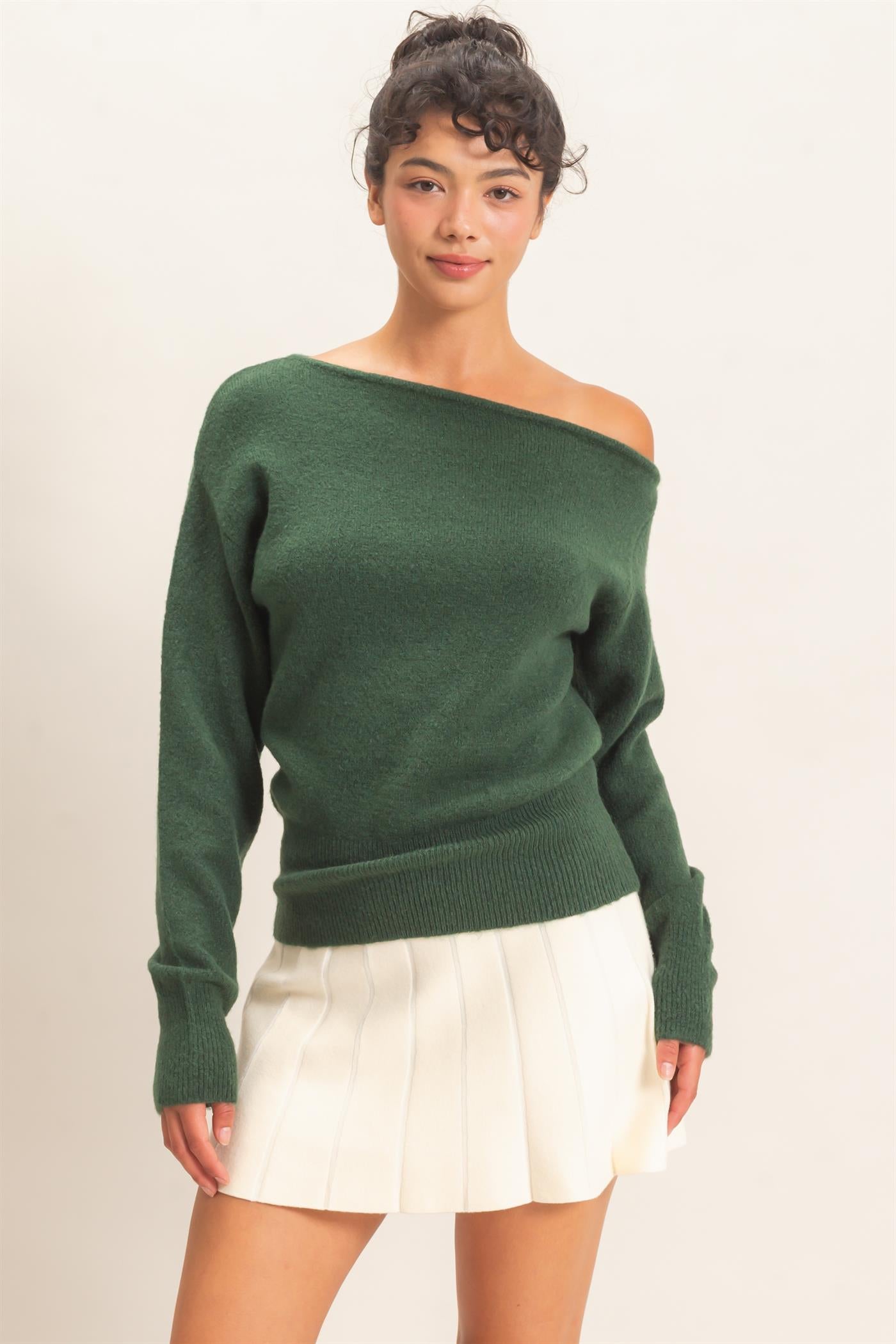 Wholesale Off The Shoulder Sweater Top Sweaters DZ26F290 DARK GREEN DOUBLE ZERO