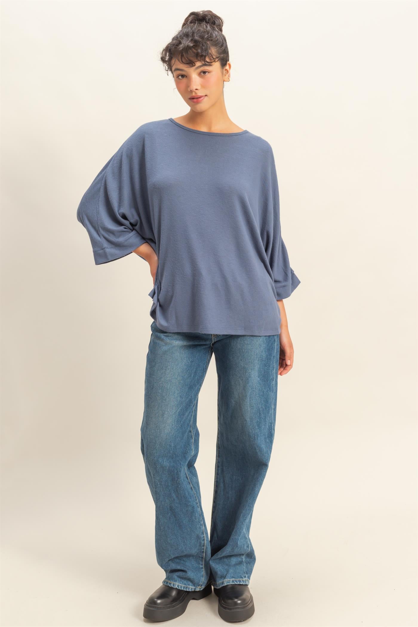 Wholesale Batwing 3/4 Sleeve Oversized Top Clothing Tops DZ25E133 DUSTY NAVY DOUBLE ZERO