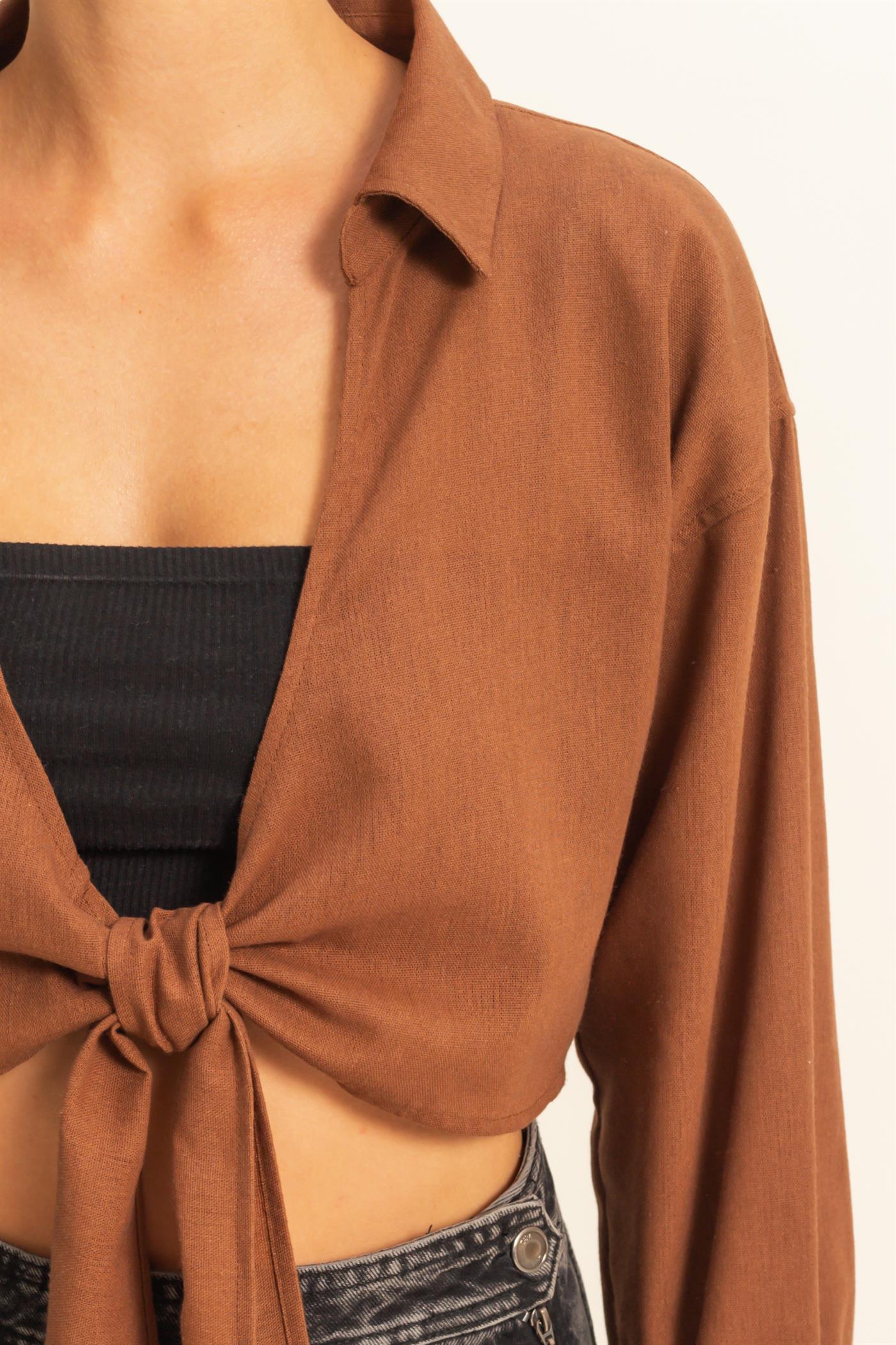Wholesale Sand Washed Tie Front Crop Top Blouses DZ24C963 CHESTNUT DOUBLE ZERO