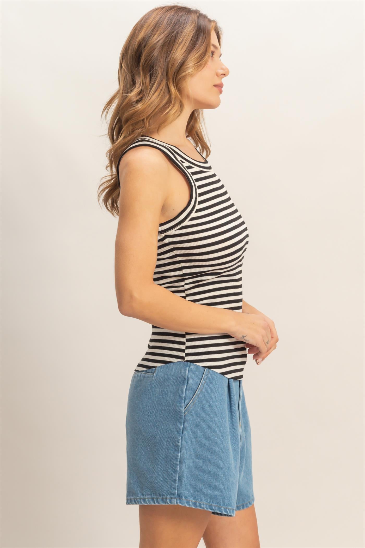 Wholesale Striped Ribbed Racerback Tank Tank Tops HF26C294-D BLACK HYFVE